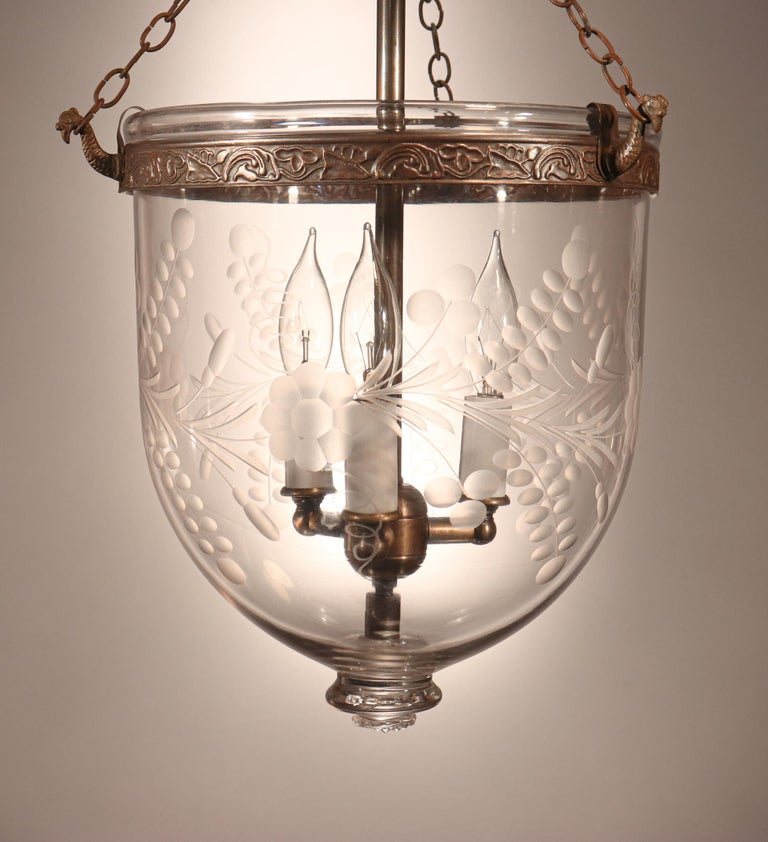 Etched Antique Bell Jar Lantern with Floral Etching For Sale