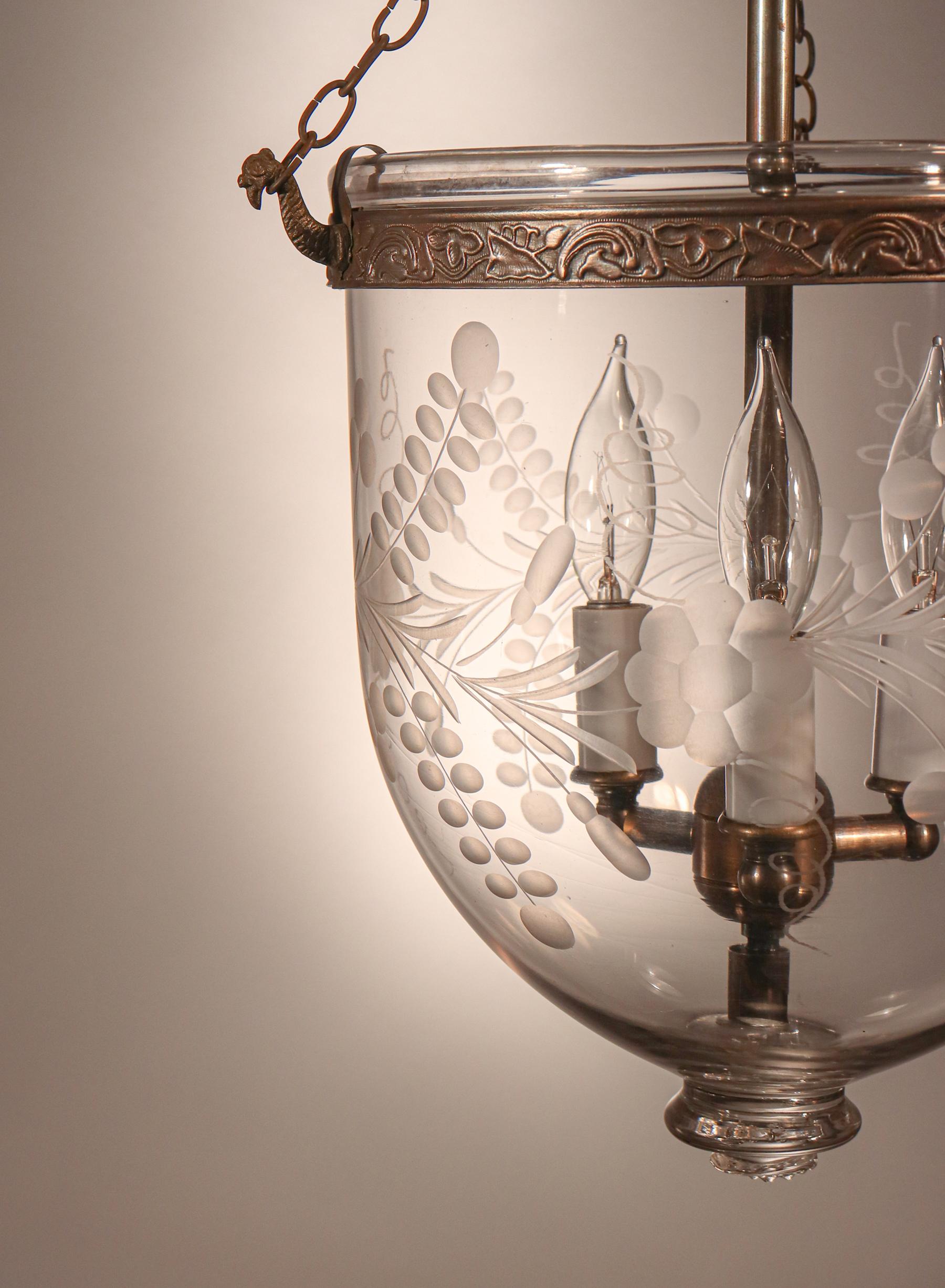 Antique Bell Jar Lantern with Floral Etching In Good Condition In Heath, MA