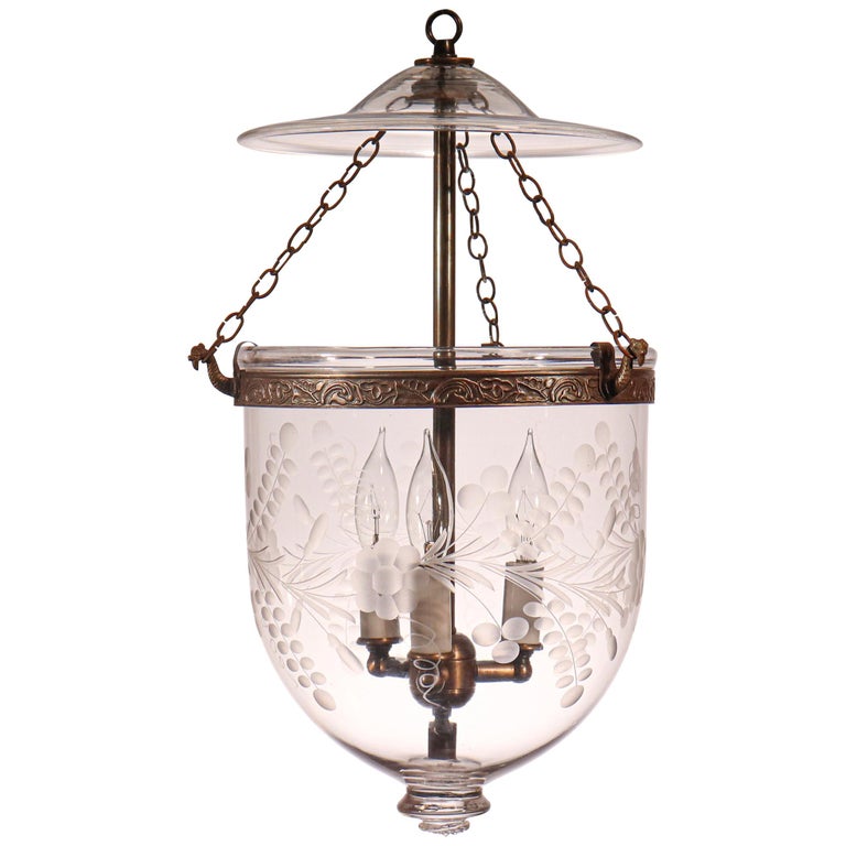Antique Bell Jar Lantern with Floral Etching For Sale