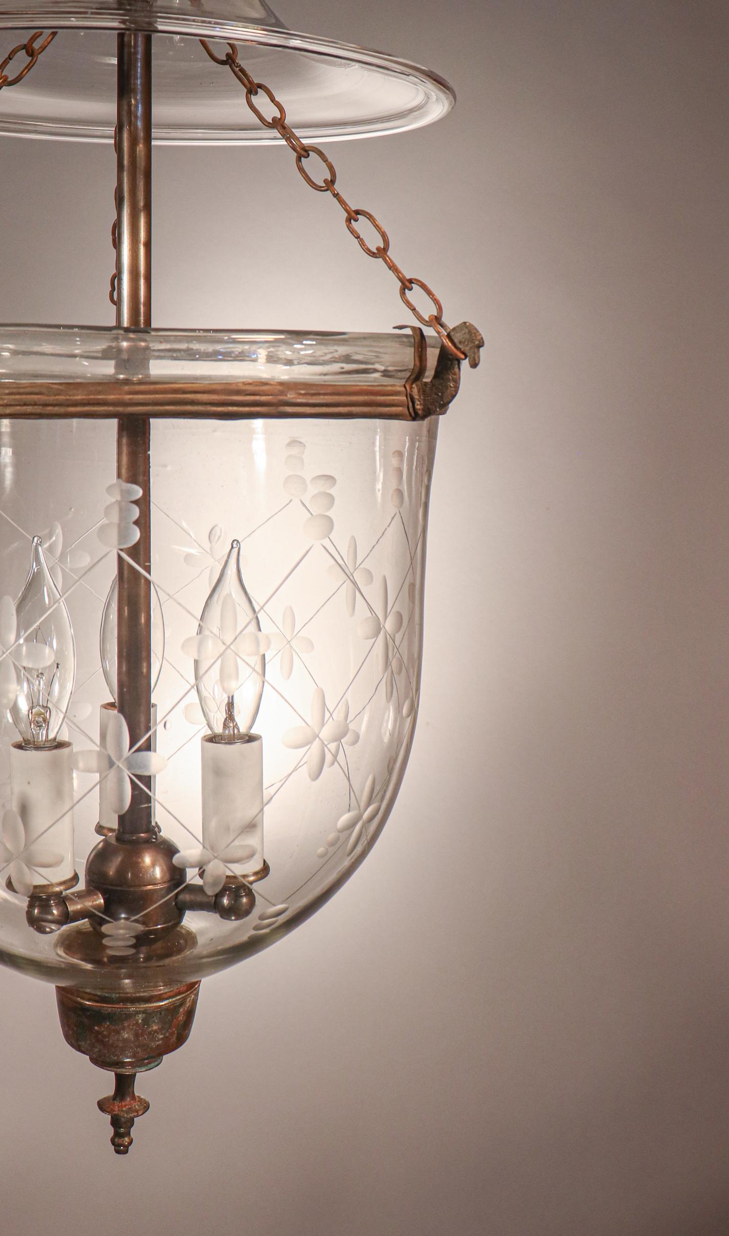 English Antique Bell Jar Lantern with Trellis Etching