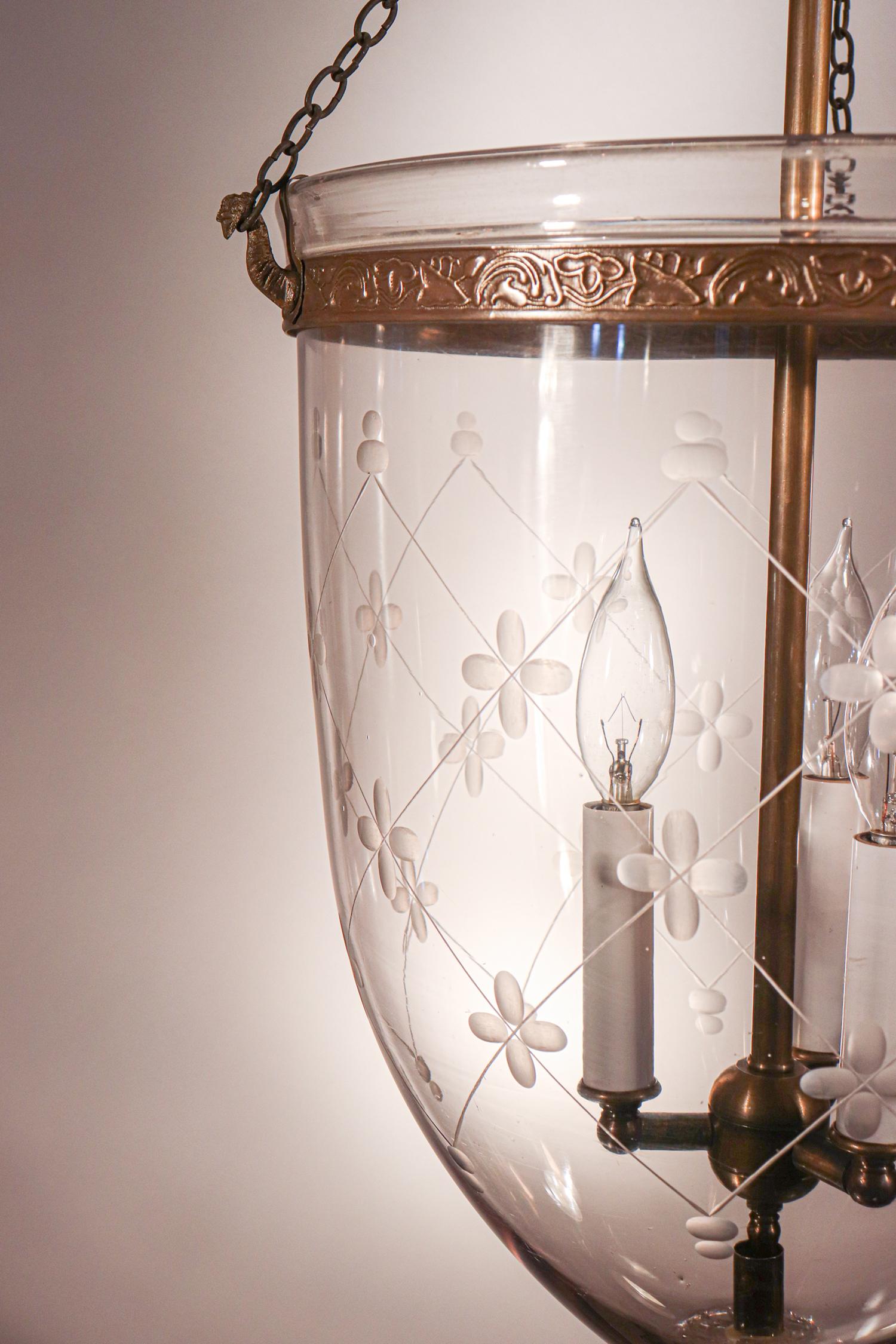 English Antique Bell Jar Lantern with Trellis Etching