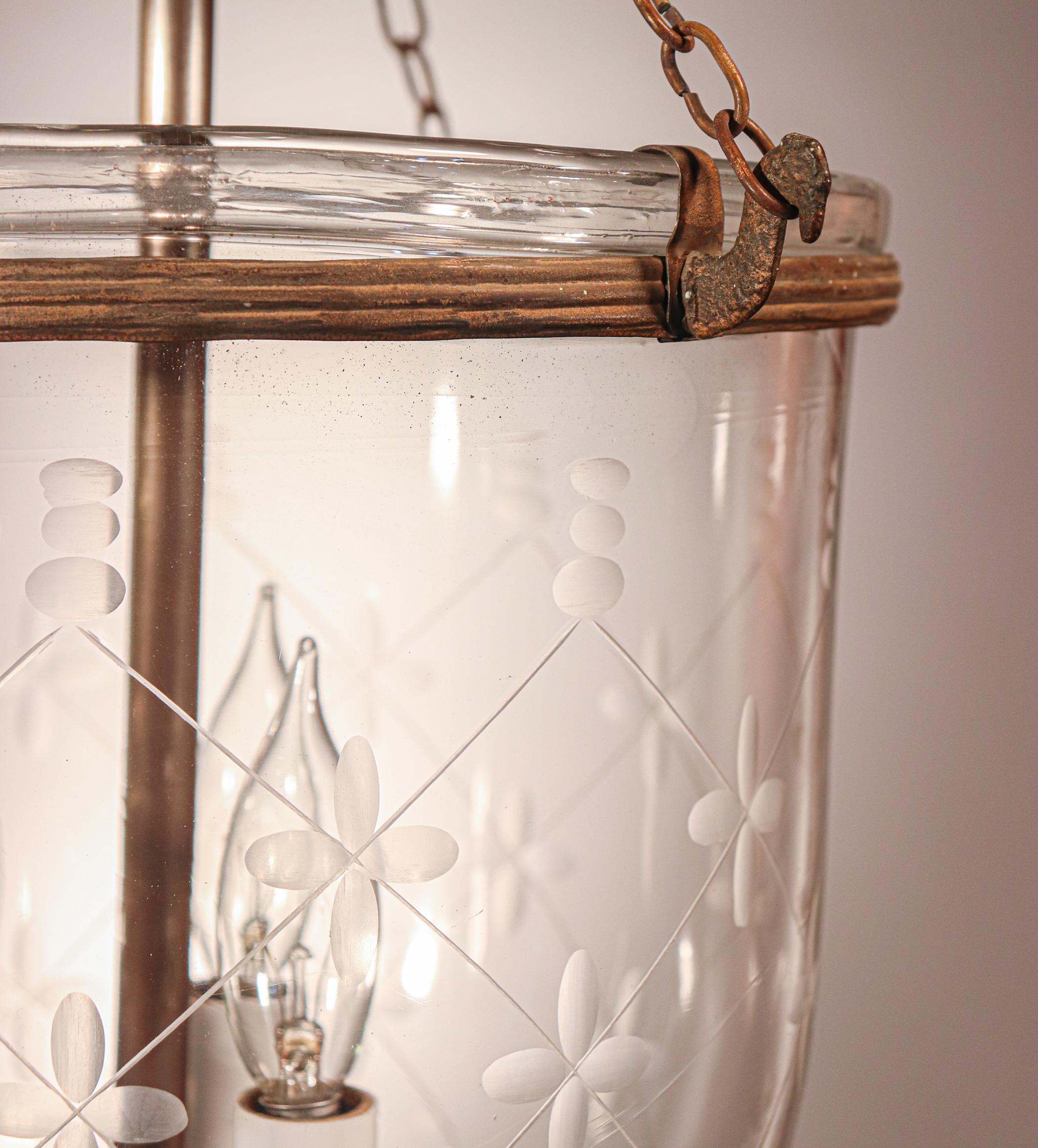 Antique Bell Jar Lantern with Trellis Etching In Good Condition In Heath, MA