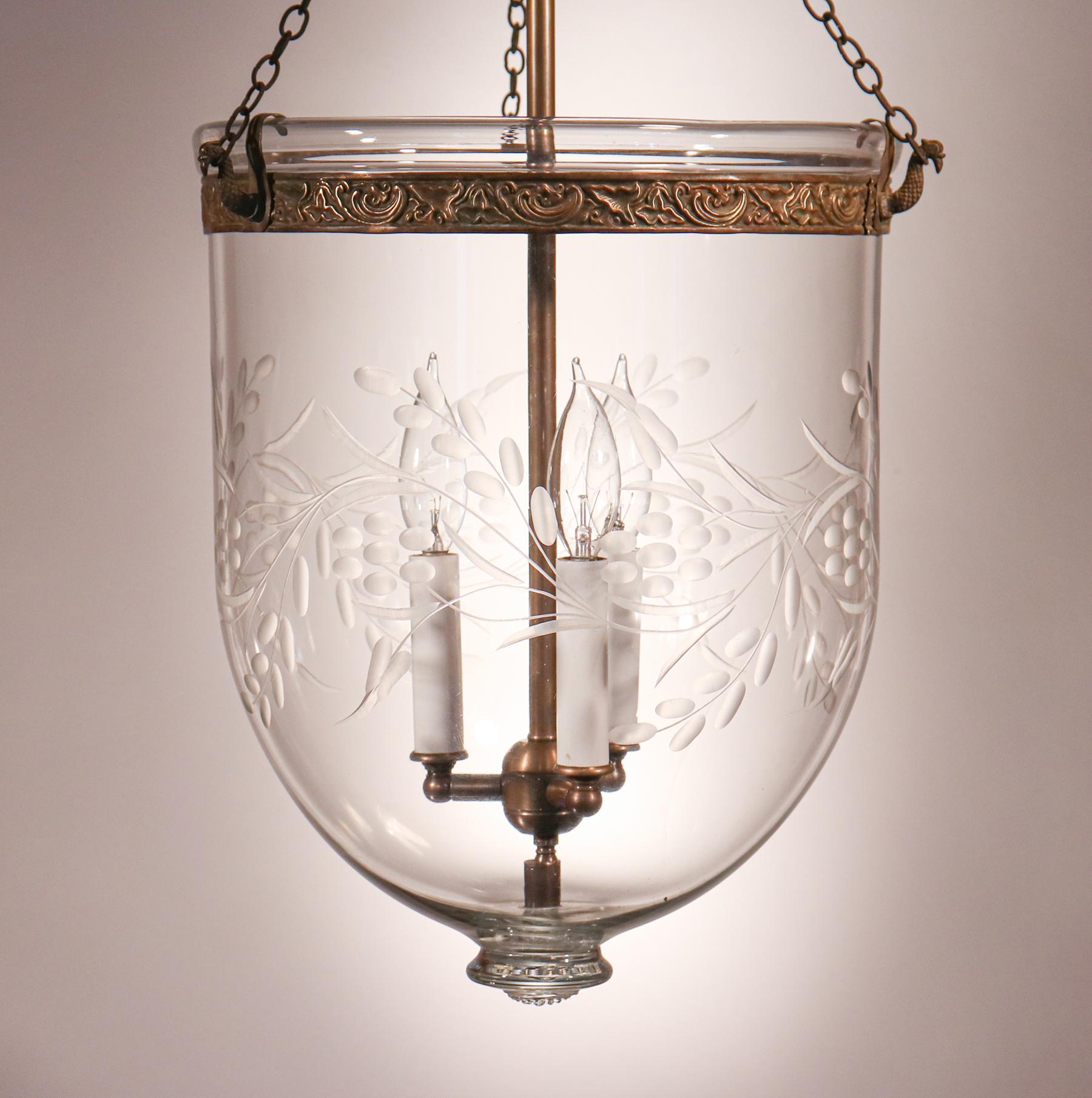High Victorian Antique Bell Jar Lantern with Vine and Berry Etching
