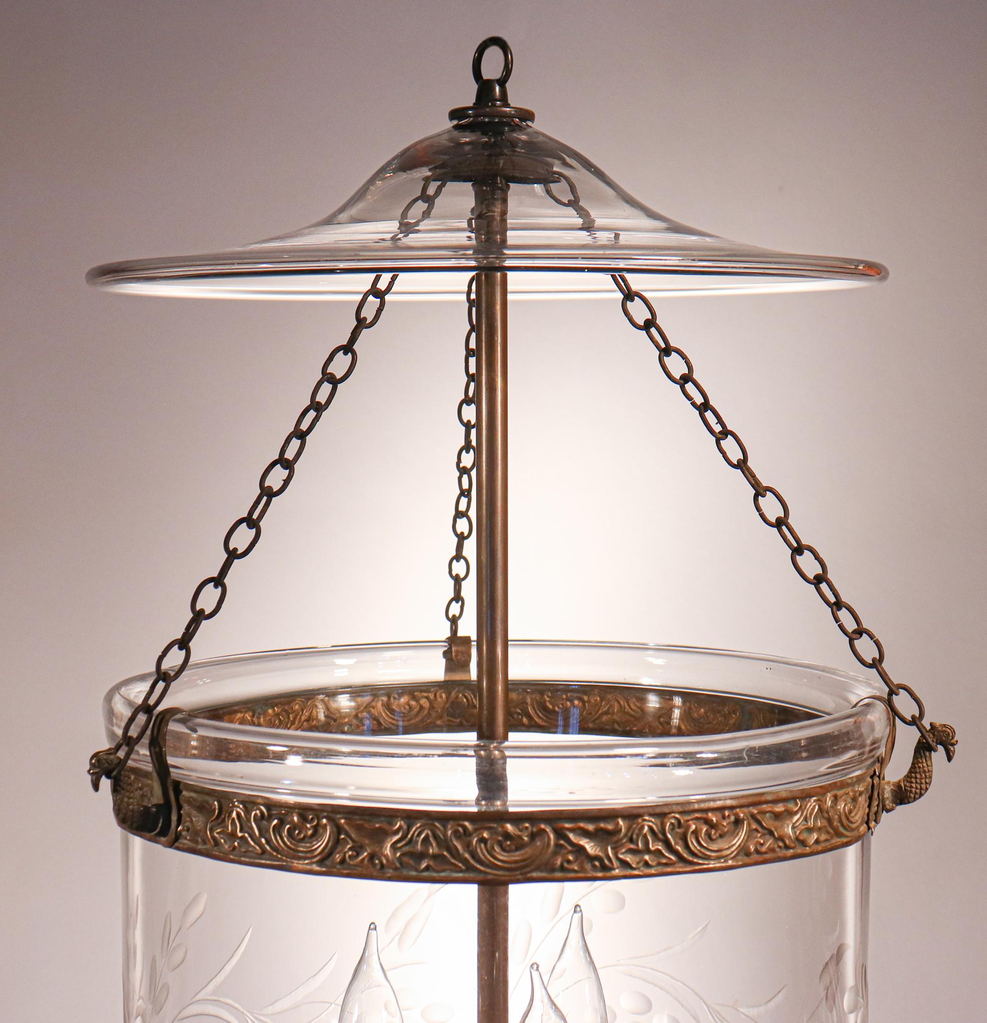English Antique Bell Jar Lantern with Vine and Berry Etching