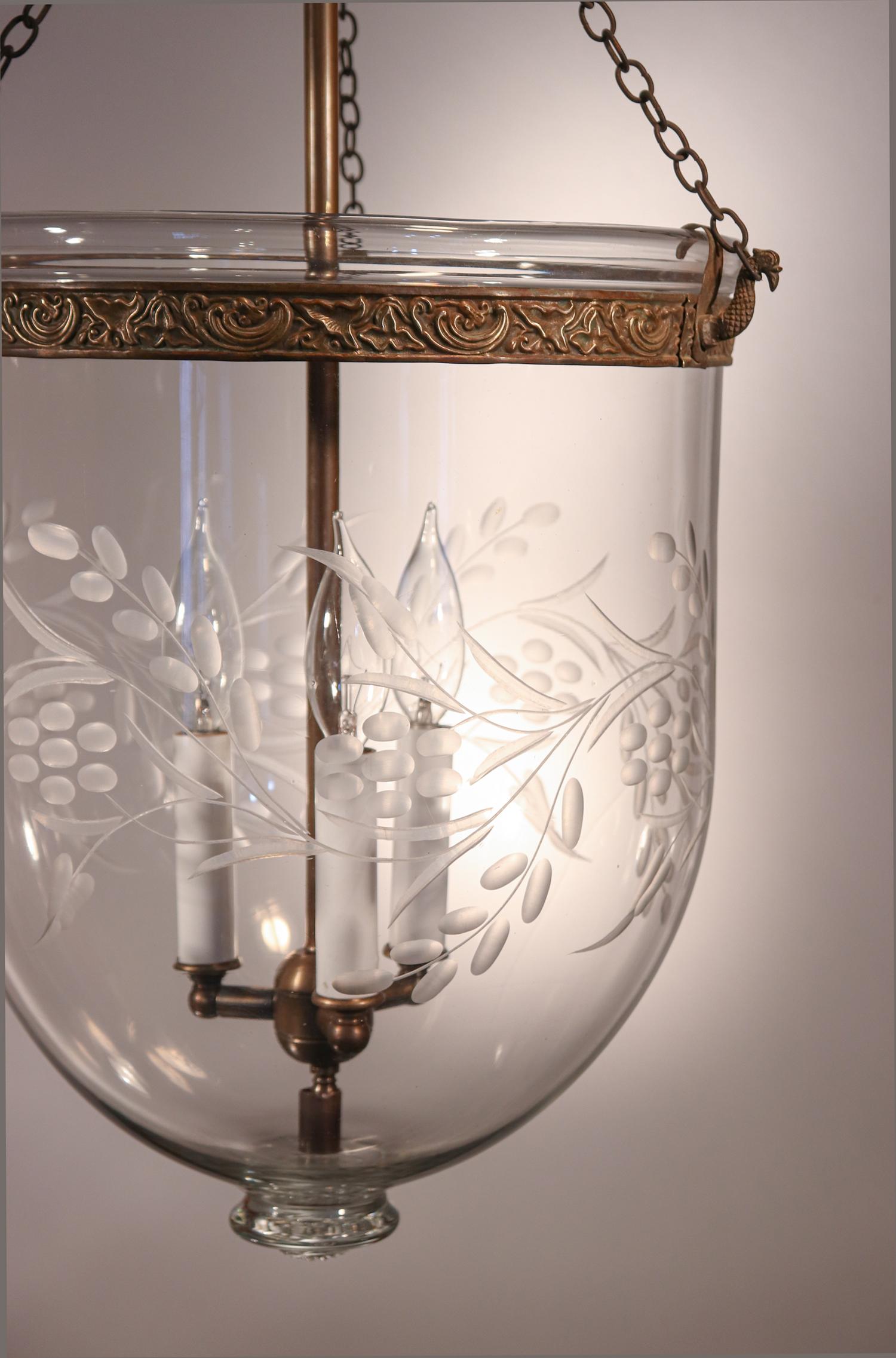 Etched Antique Bell Jar Lantern with Vine and Berry Etching