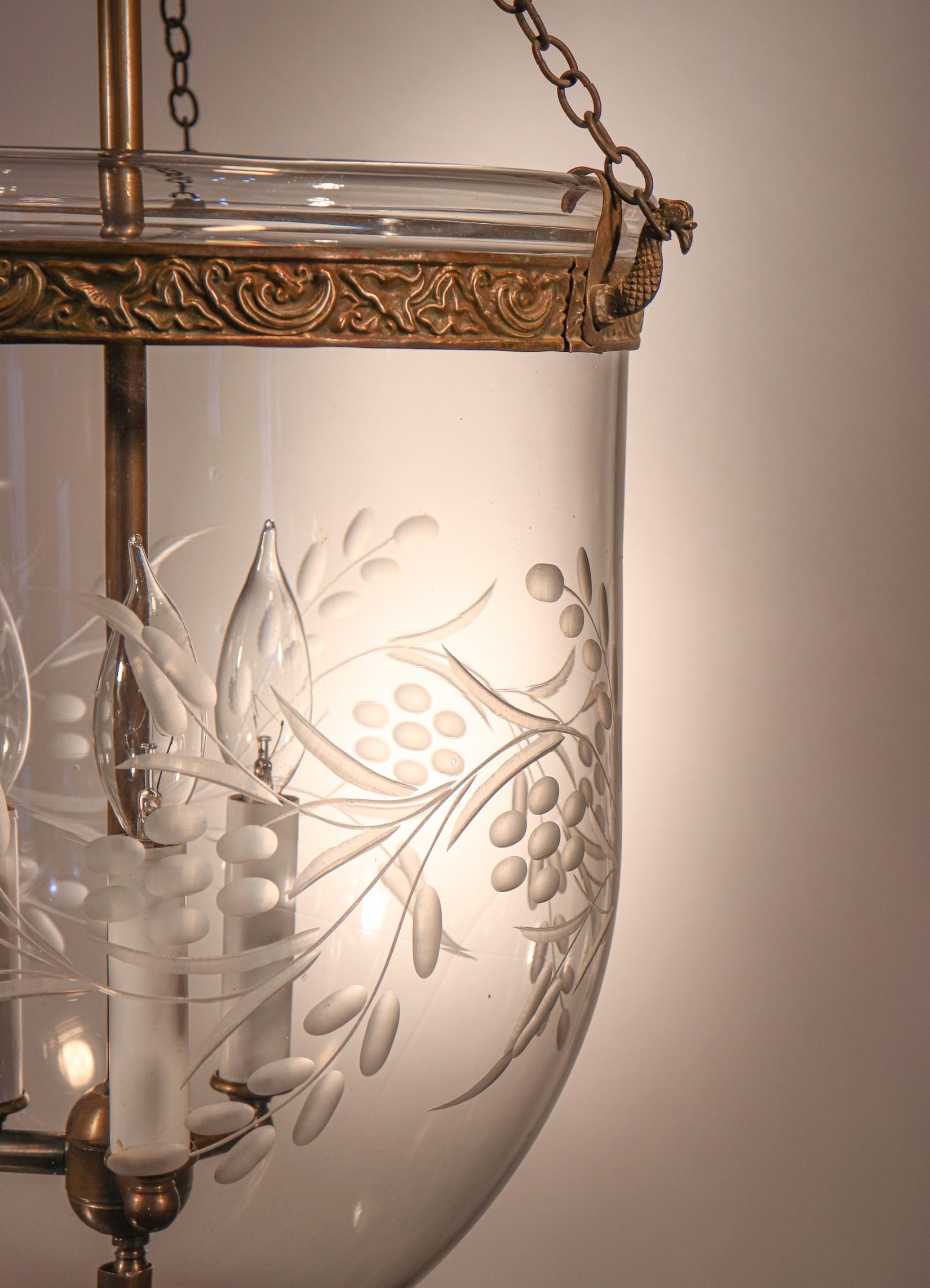 Antique Bell Jar Lantern with Vine and Berry Etching In Good Condition In Heath, MA