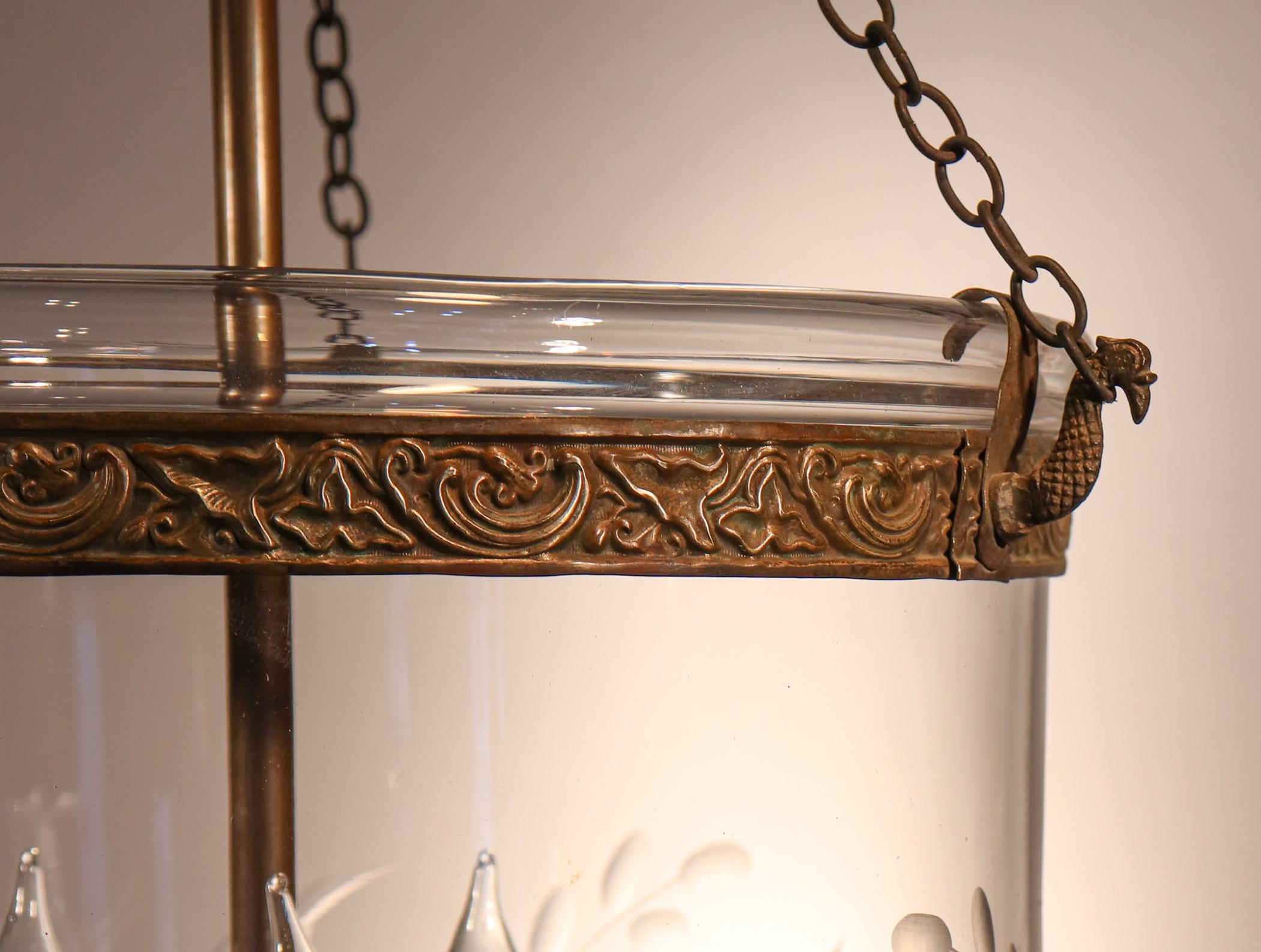 19th Century Antique Bell Jar Lantern with Vine and Berry Etching