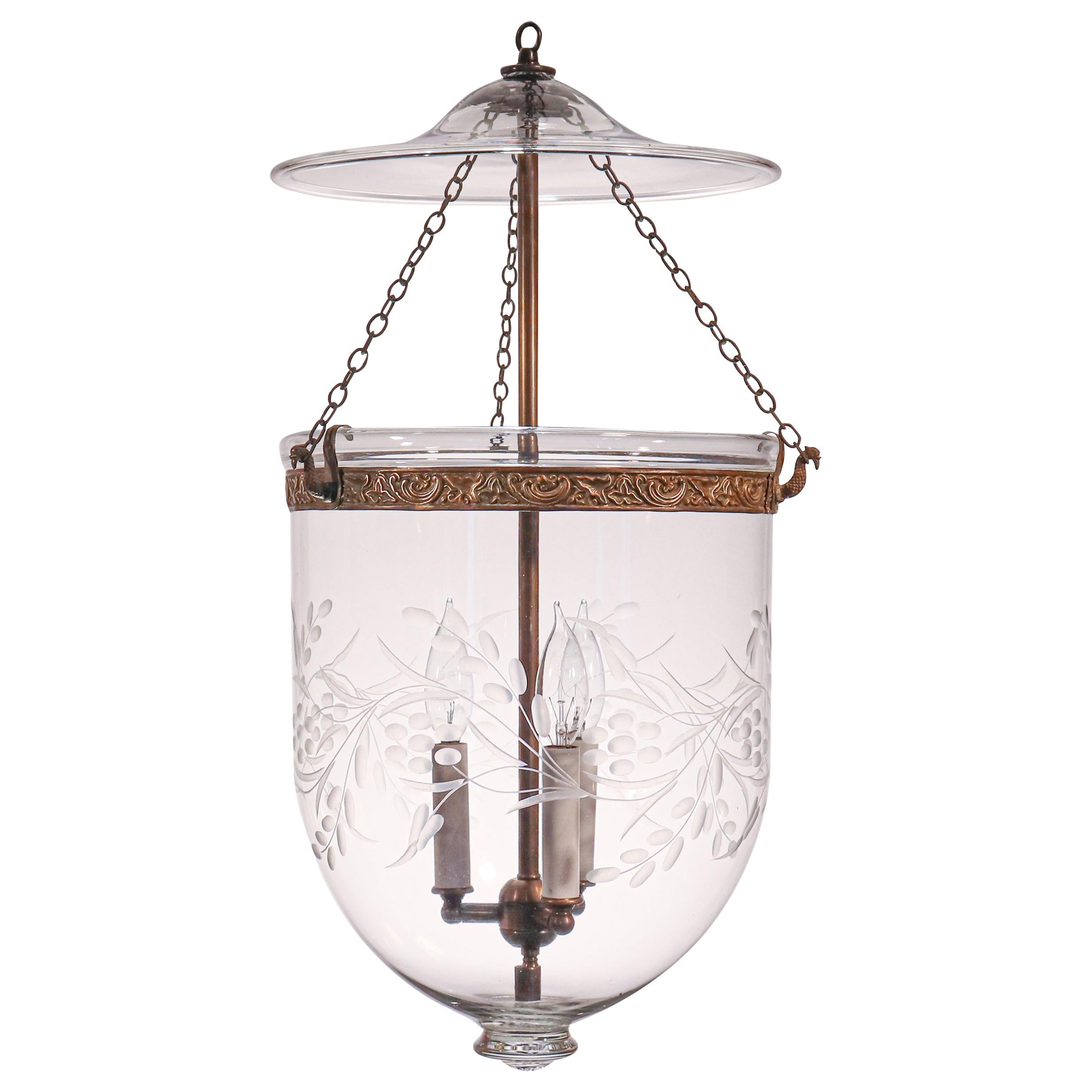 Antique Bell Jar Lantern with Vine and Berry Etching