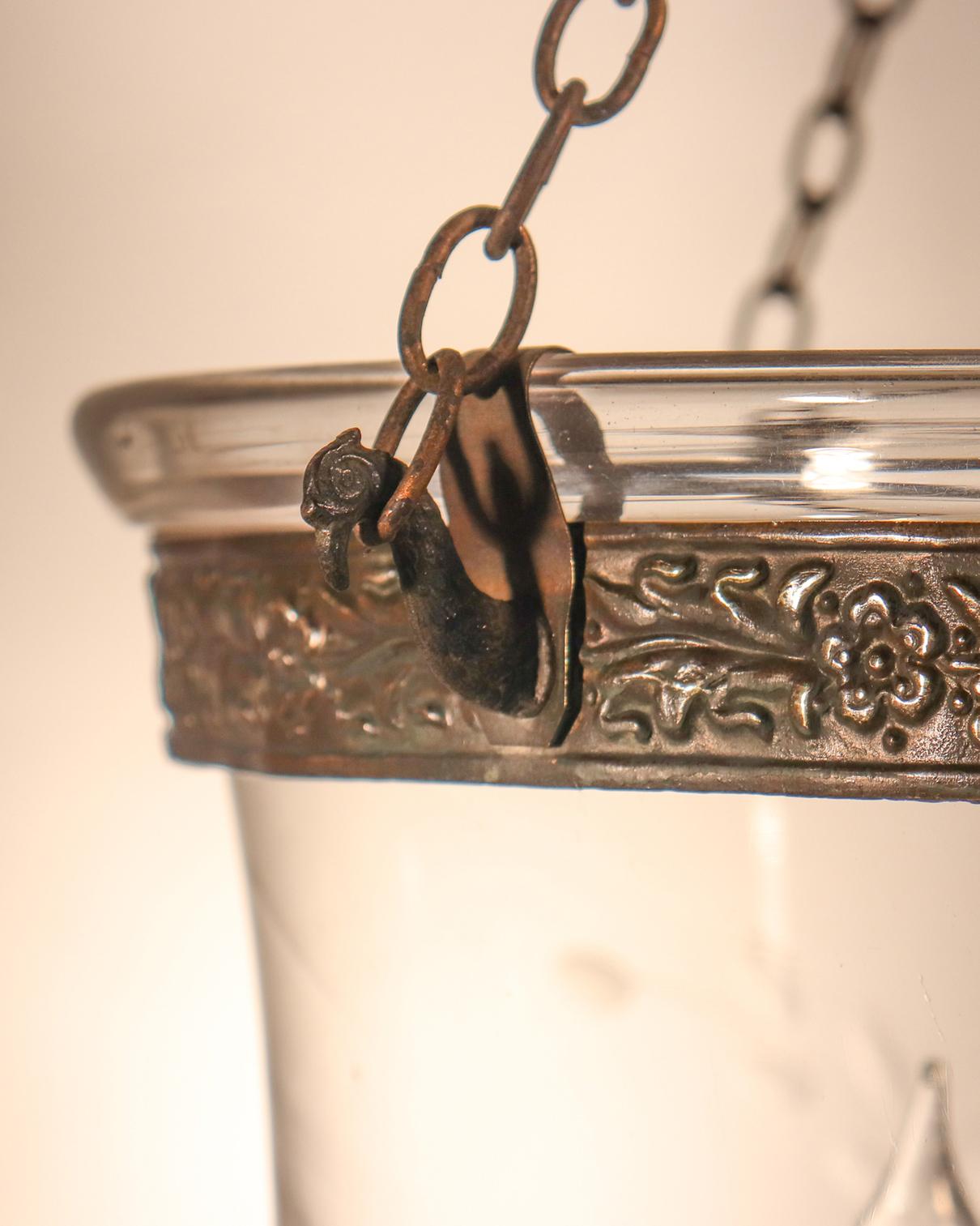 19th Century Antique Bell Jar Lantern with Vine Etching