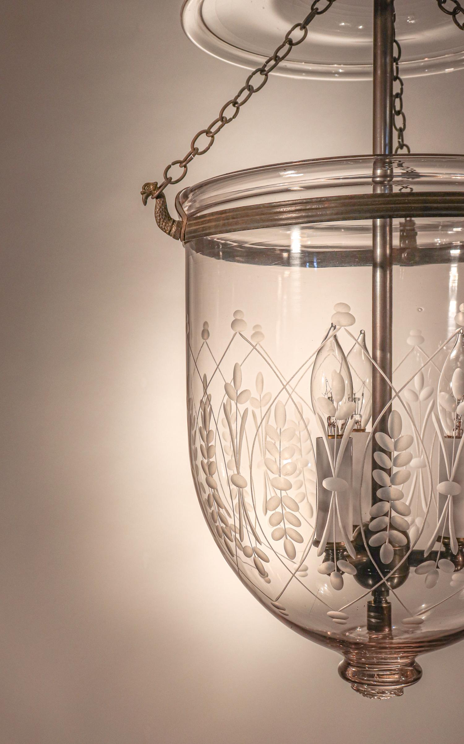 English Antique Bell Jar Lantern with Wheat Etching