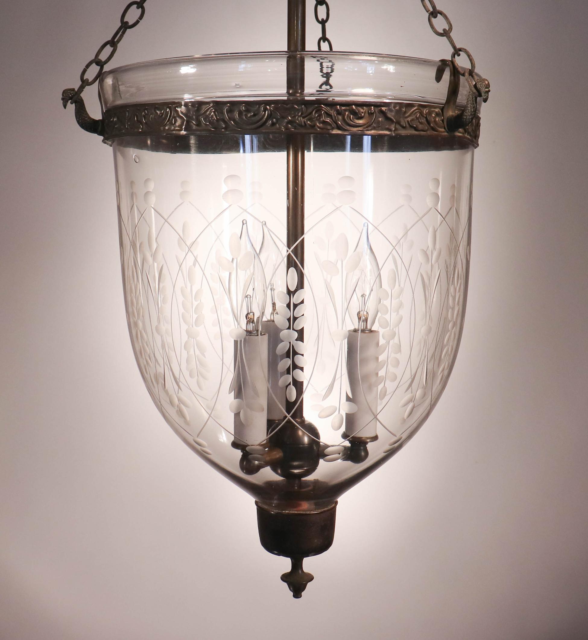 English Antique Bell Jar Lantern with Wheat Etching