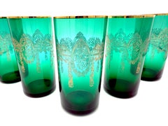Antique Belle Époque Set Six Tall Emerald Green Gold Glasses Engraved Bohemia