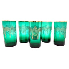 Antico set Belle Époque Sei bicchieri alti in oro verde smeraldo con incisione Bohemia