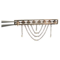 Antique Belle Époque 10k Gold Natural Seed Pearl White Enamel Tassel Bar Pin