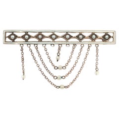 Antique Belle Époque 10k Gold Natural Seed Pearl White Enamel Tassel Bar Pin