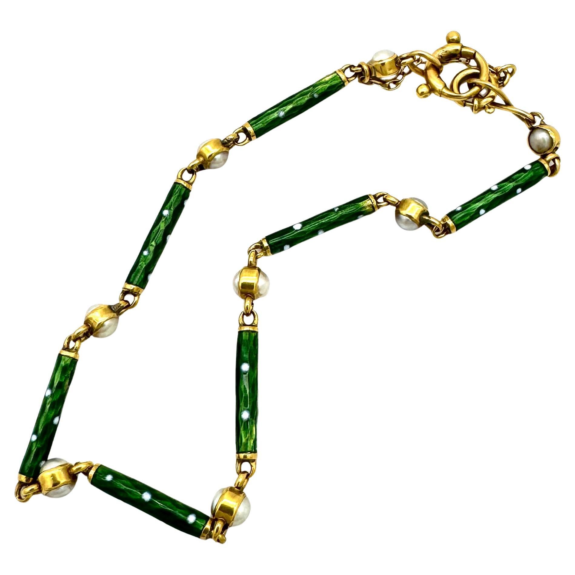 Antique Belle Époque 14 K Gold Link Bracelet Green Enamel Oriental Natural Pearl For Sale