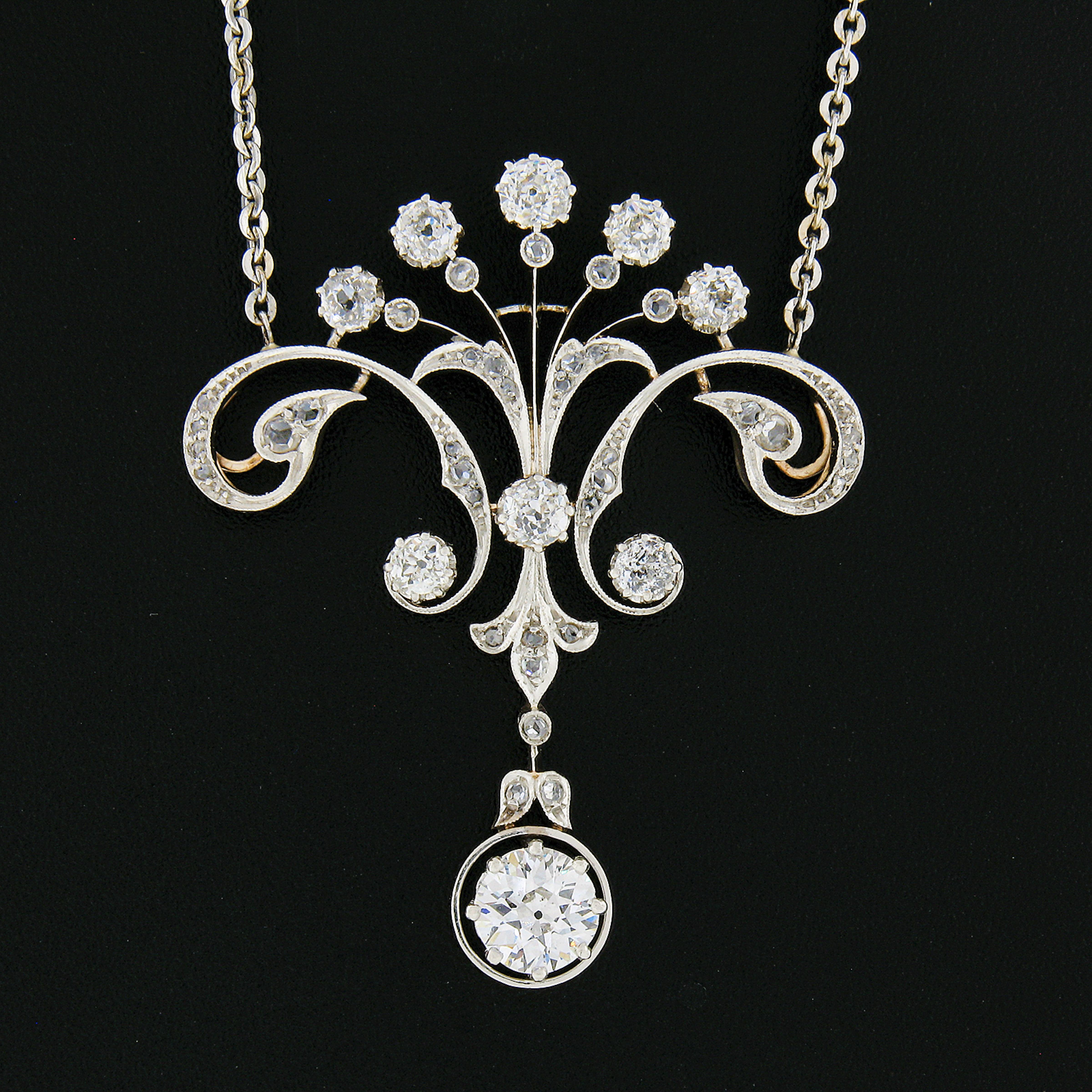Belle Époque Antique Belle Epoque 14k Gold Platinum Diamond Lavalier Pendant & Chain Necklace