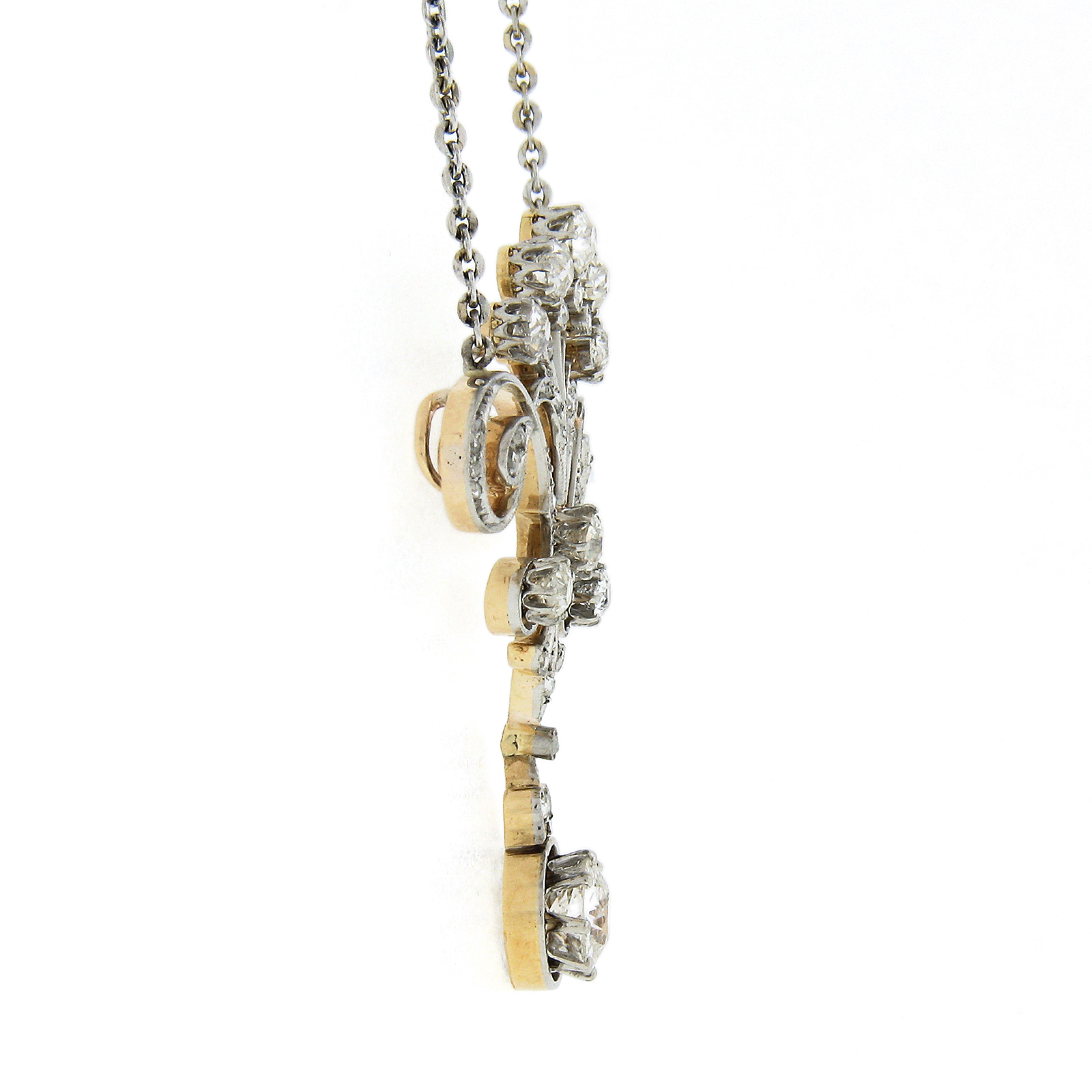 Old European Cut Antique Belle Epoque 14k Gold Platinum Diamond Lavalier Pendant & Chain Necklace