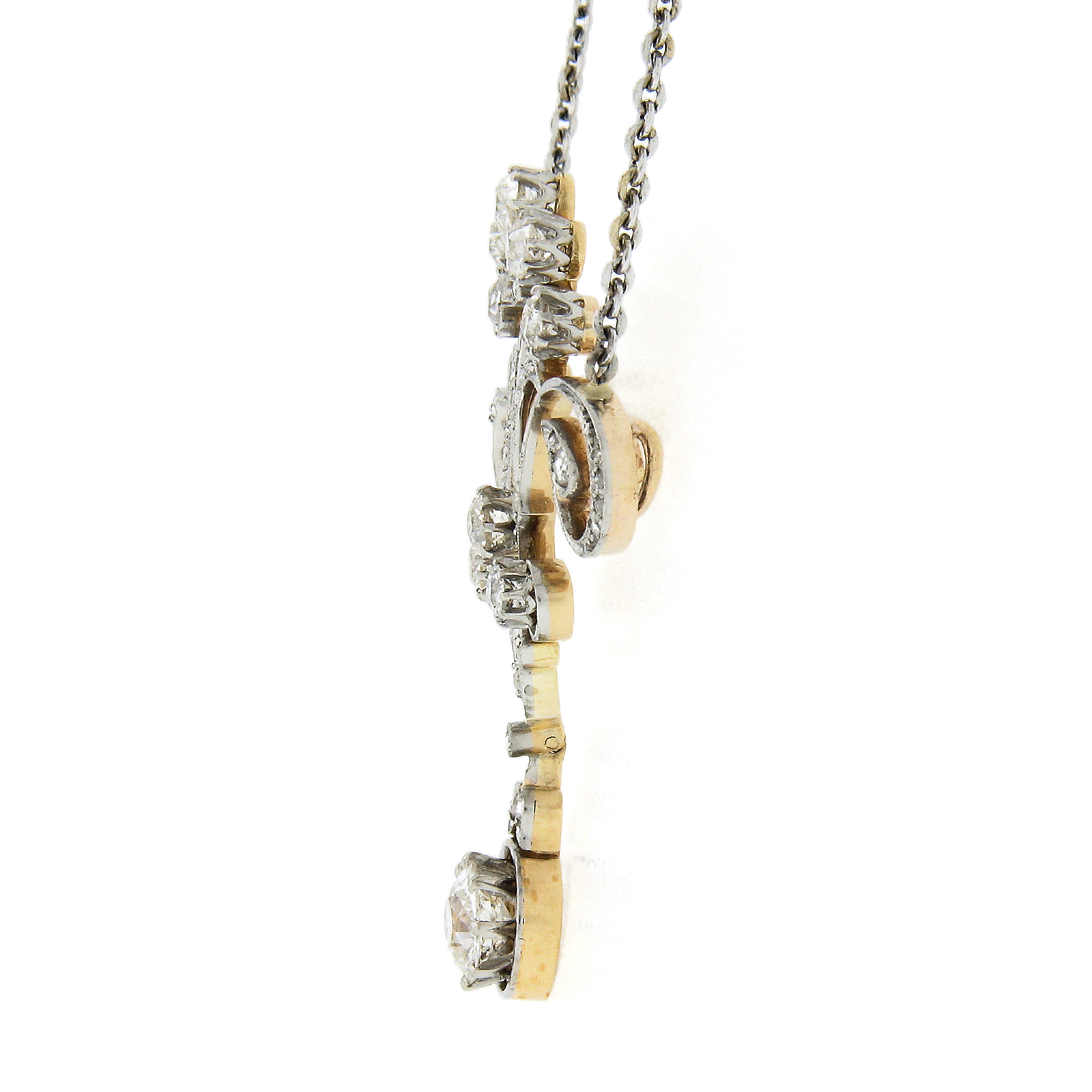 Antique Belle Epoque 14k Gold Platinum Diamond Lavalier Pendant & Chain Necklace In Good Condition In Montclair, NJ