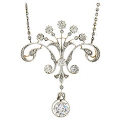 Antique Belle Epoque 14k Gold Platinum Diamond Lavalier Pendant & Chain Necklace