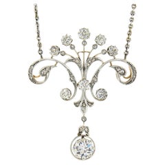 Antike Belle Epoque 14k Gold Platin Diamant-Halskette mit Lavalier-Anhänger und Kette
