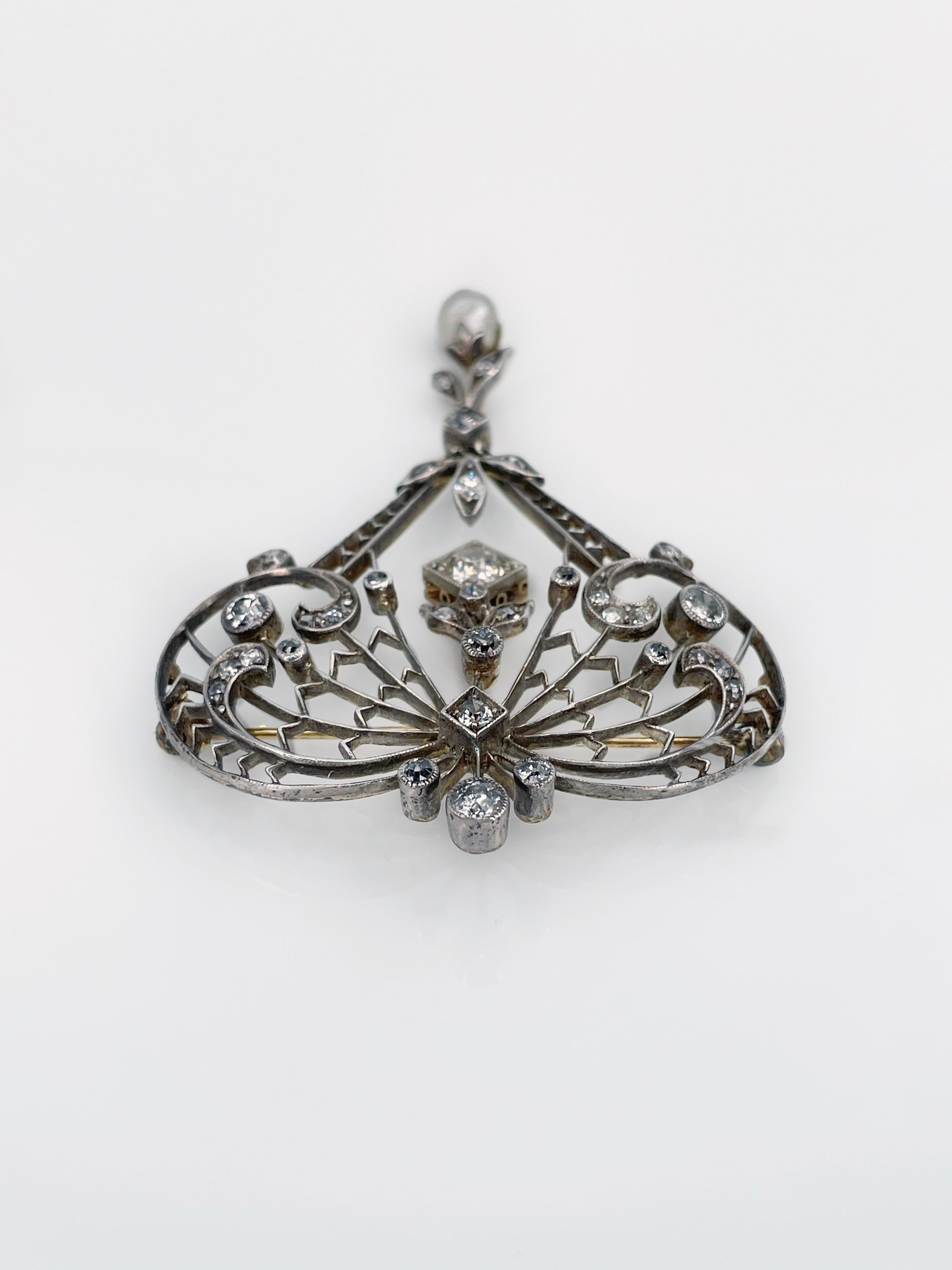 Antique Belle Epoque 14K Yellow Gold Silver Plated Diamond Lavalier Brooch In Good Condition In Vilnius, LT