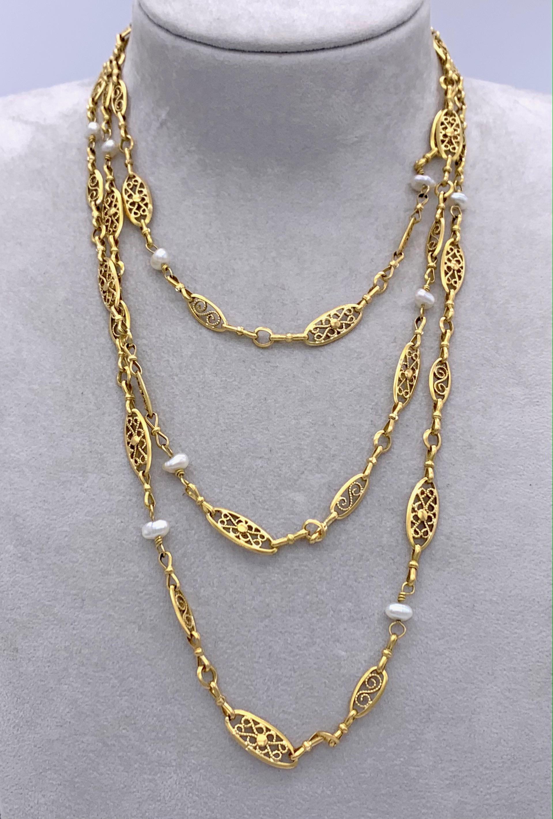 Bead Antique Belle Époque 18 Karat Gold Sautoir Long Guard Chain Oriental Pearls For Sale