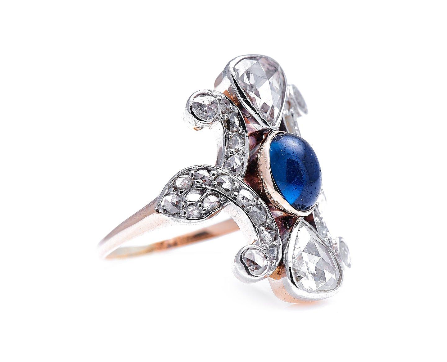 Sapphire and diamond ring, circa 1900. Art Nouveau, which appeared in a blaze of creativity at the end of the 19th century was inspired by a heady combination of symbolist poetry, newly available Japanese art and the flowing, asymmetrical forms of
