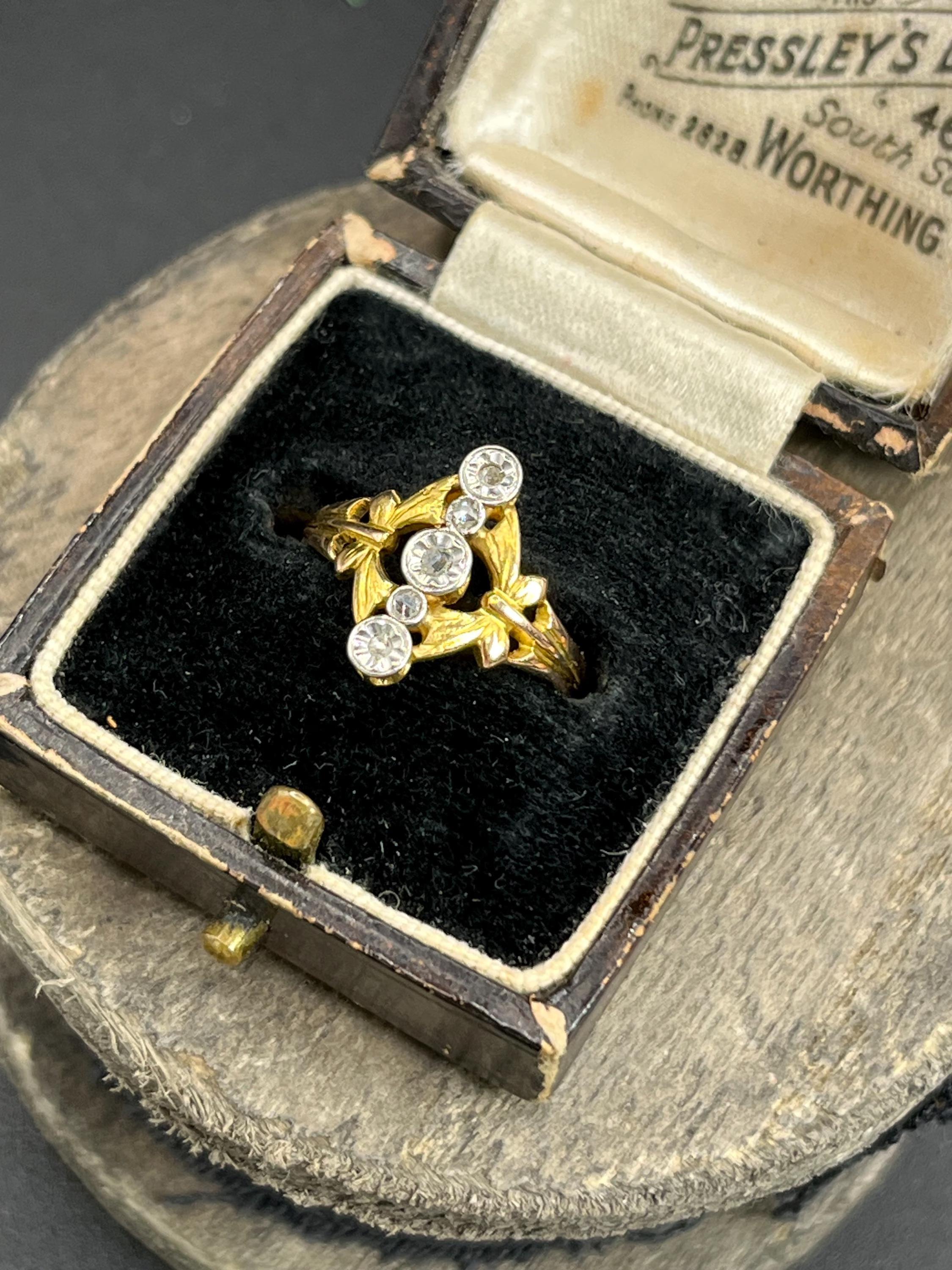 Antique Belle Époque 18ct Gold & Platinum Illusion Set Diamond Five Stone Ring For Sale 5