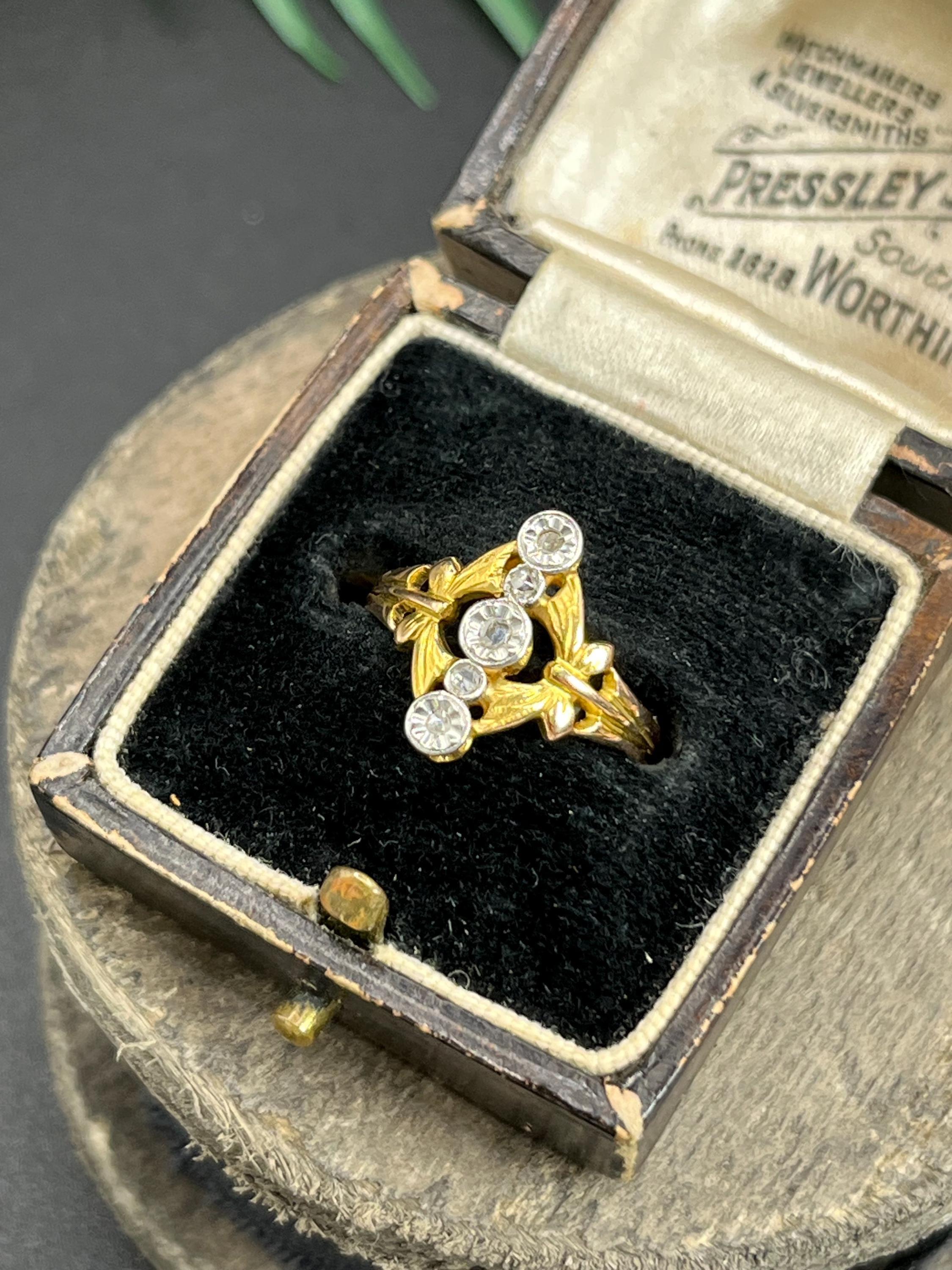 Antique Belle Époque 18ct Gold & Platinum Illusion Set Diamond Five Stone Ring For Sale 4