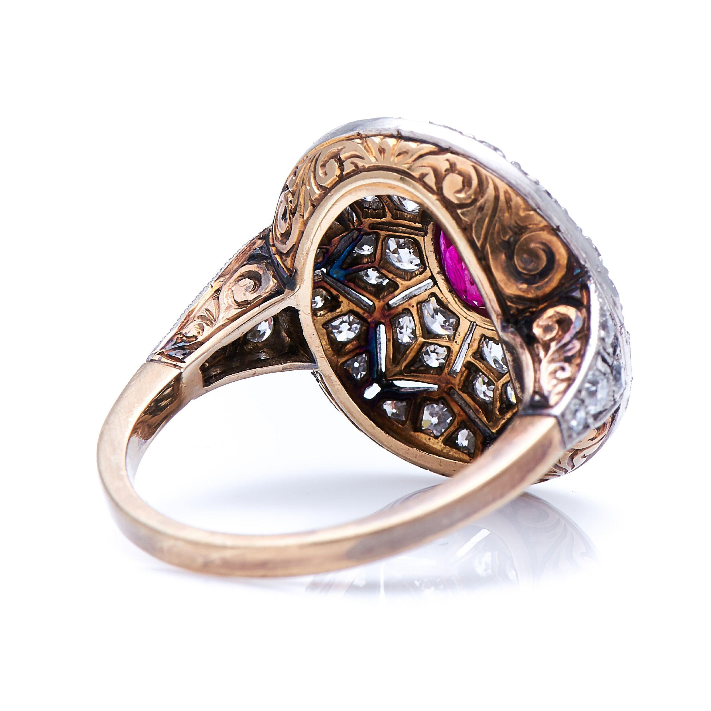 Antique, Belle Époque, 18 Carat Gold, Ruby and Diamond Cluster Ring In Excellent Condition In Rochford, Essex