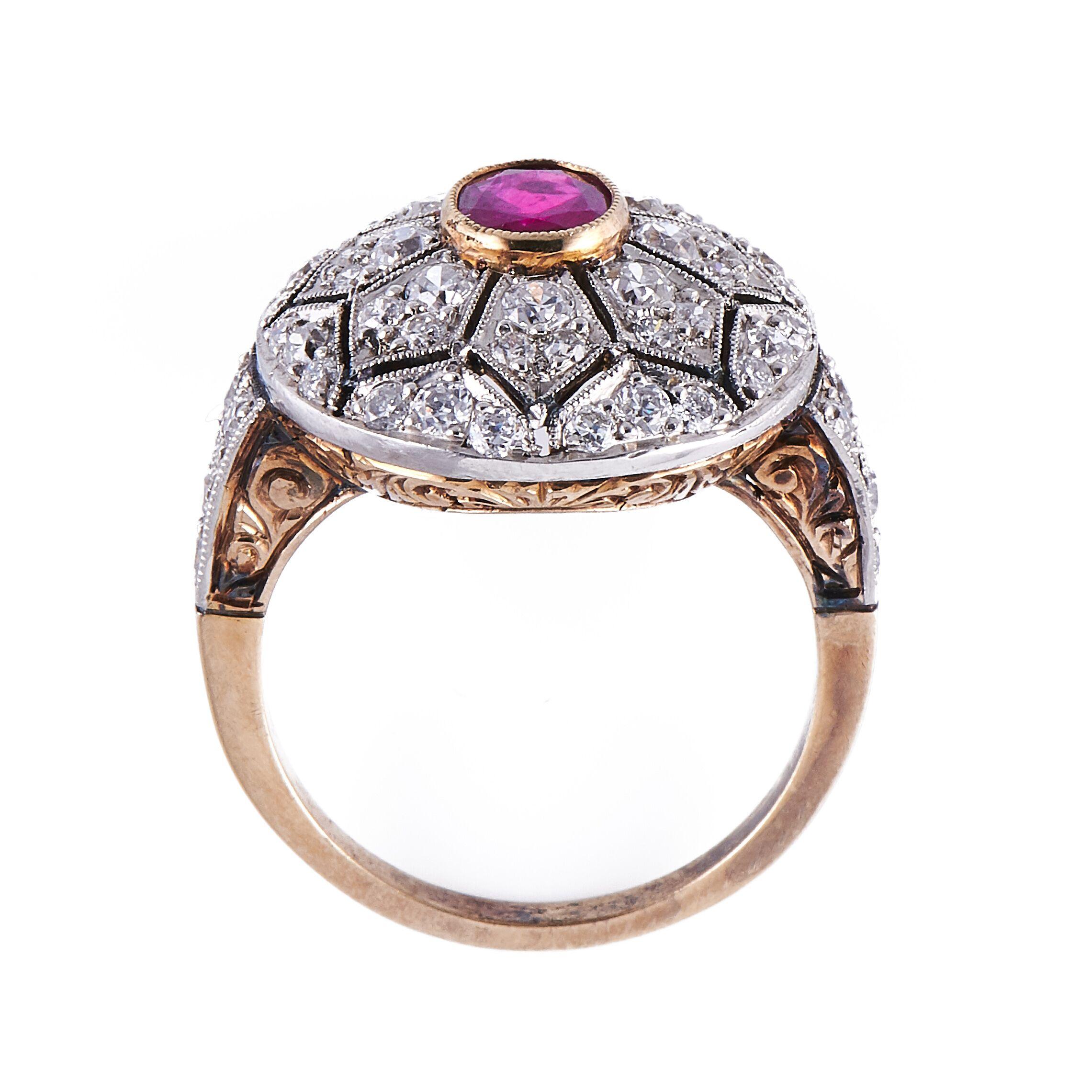 Women's Antique, Belle Époque, 18 Carat Gold, Ruby and Diamond Cluster Ring