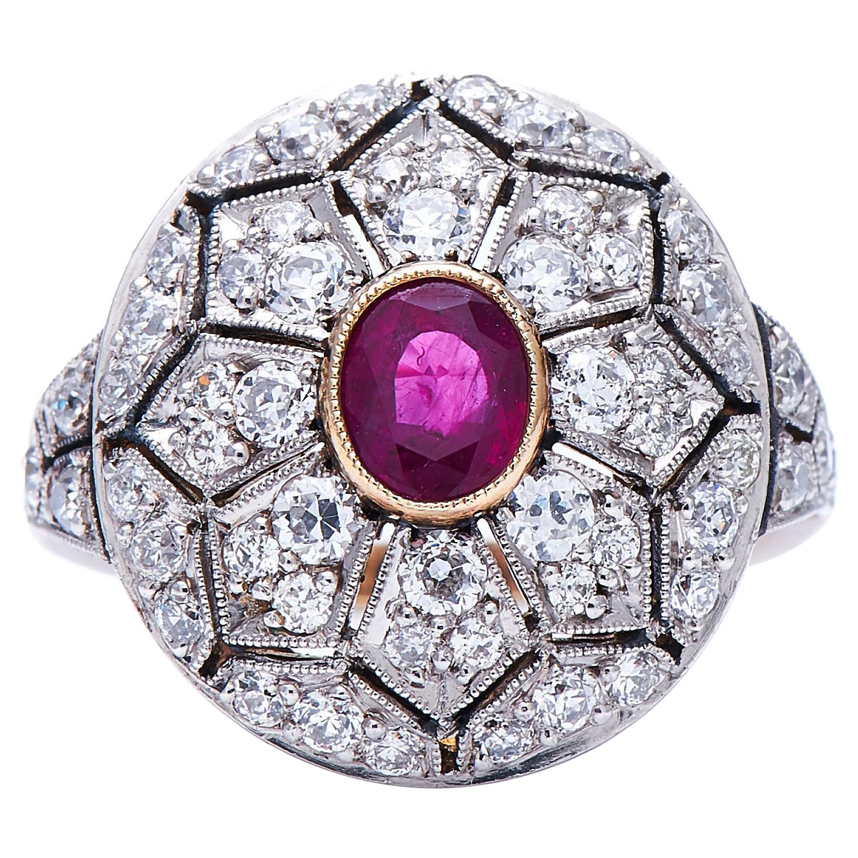 Antique, Belle Époque, 18 Carat Gold, Ruby and Diamond Cluster Ring