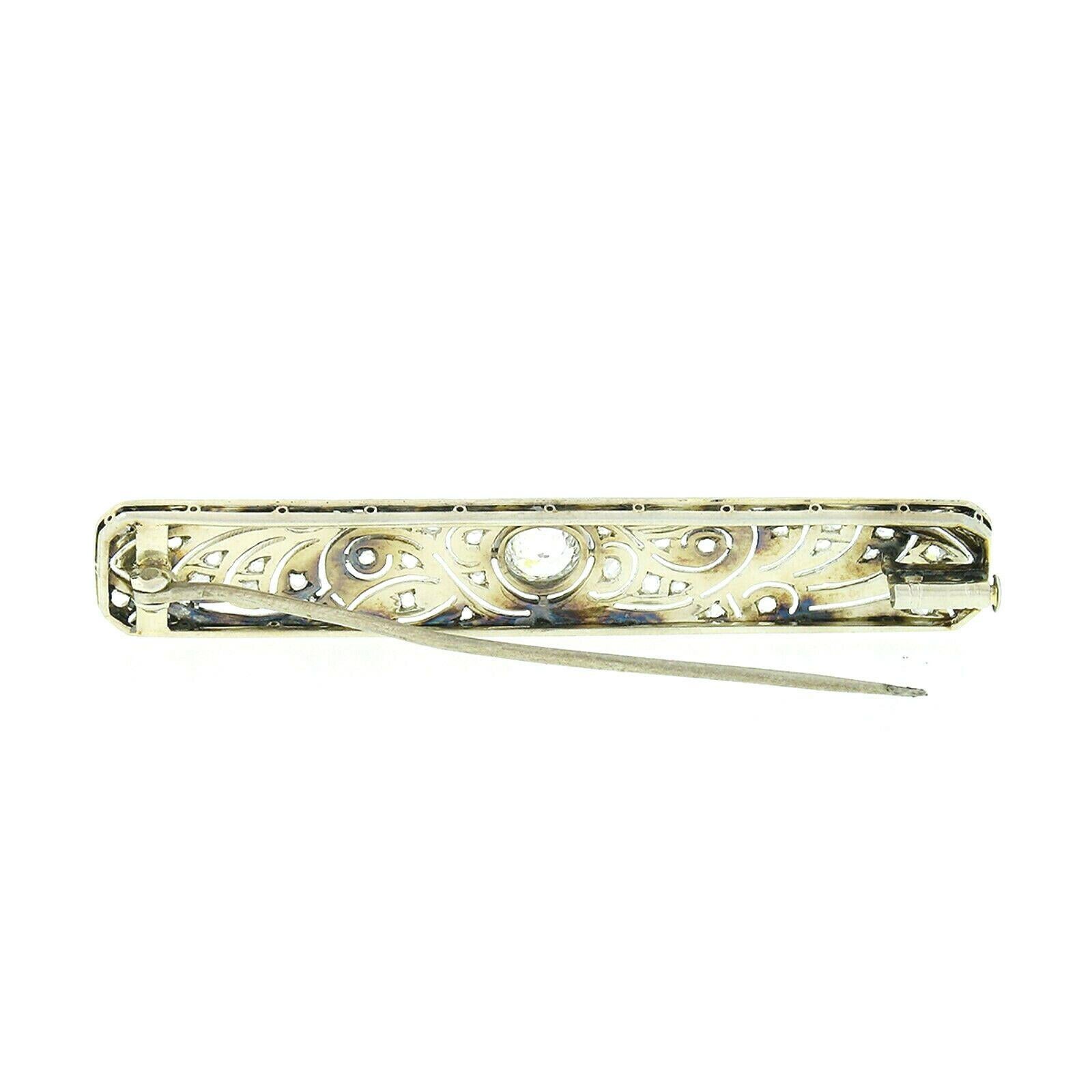 Women's or Men's Antique Belle Epoque 18k Gold Bezel Set European Diamond Milgrain Bar Pin Brooch For Sale