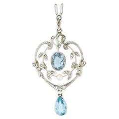 Antique Belle Epoque 18k Gold Platinum Aquamarine Diamond Pearl Dangle Pendant