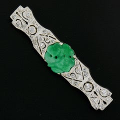 Antique Belle Epoque 18k Gold & Platinum Carved Jade & Diamond Bar Pin Brooch