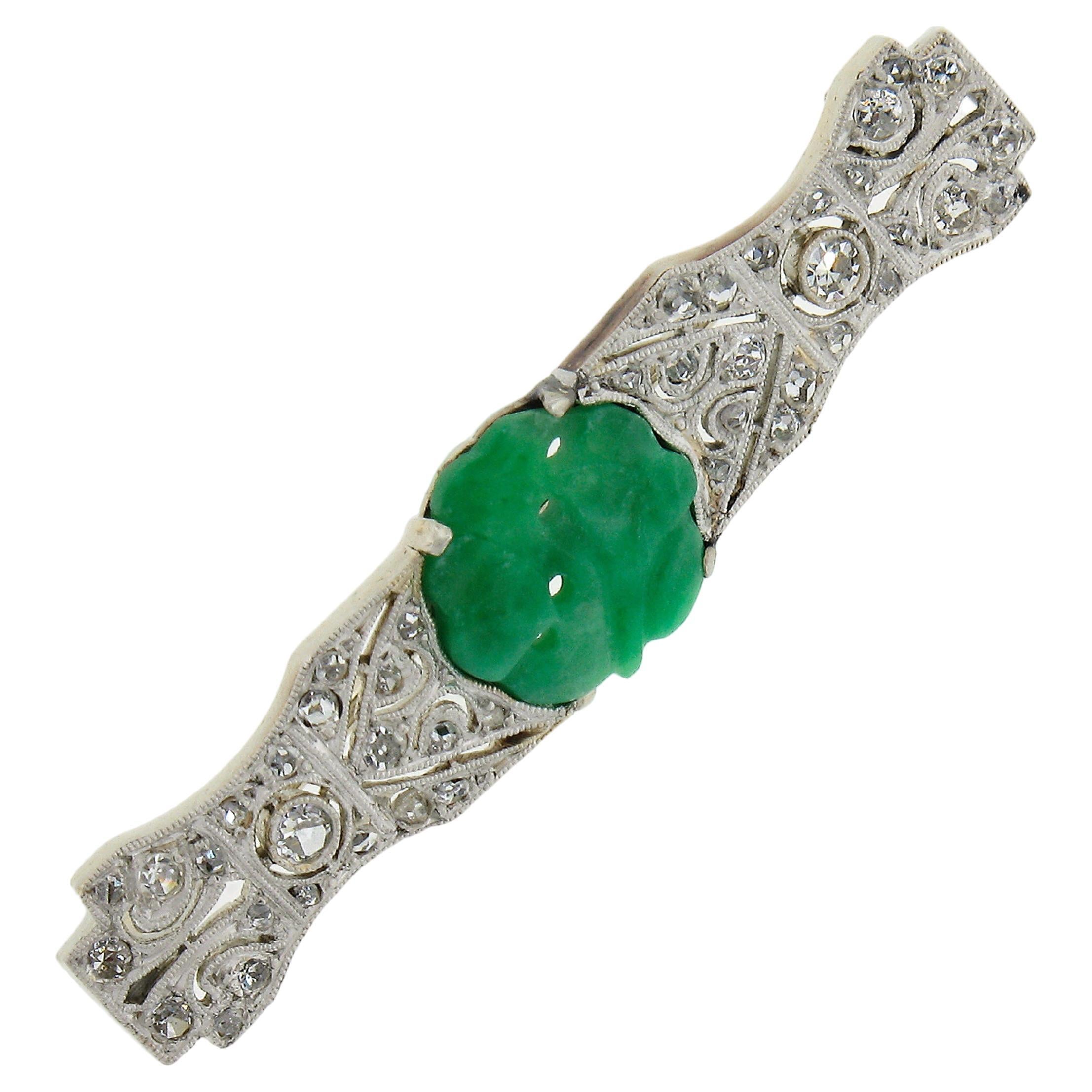 Antique Belle Epoque 18k Gold & Platinum Carved Jade & Diamond Bar Pin Brooch For Sale