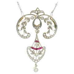 Antique Belle Epoque 18k Gold Platinum Diamond Ruby Large Pendant Necklace