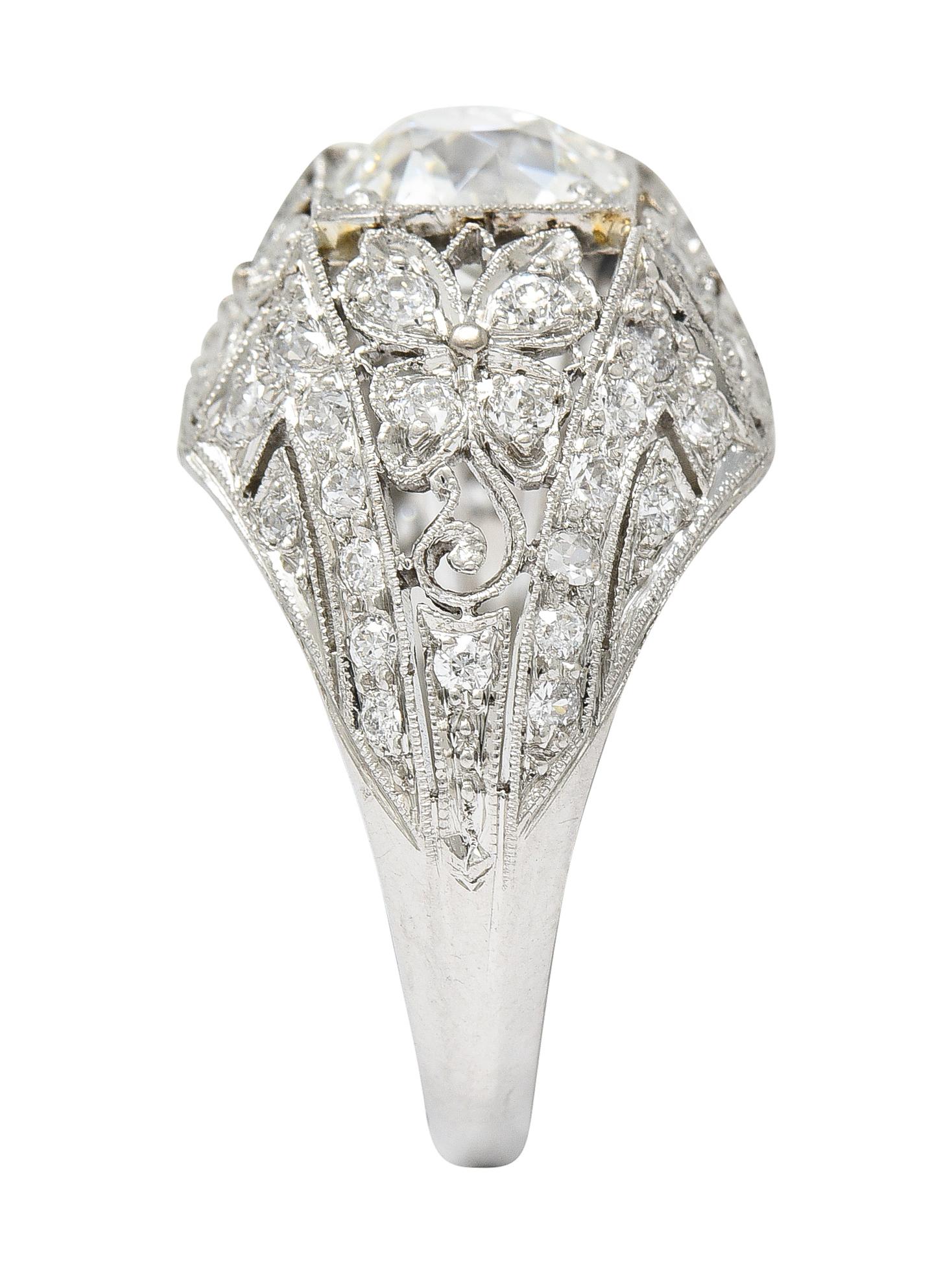 Antique Belle Epoque 2.13 Carats Diamond Platinum Clover Engagement Ring GIA For Sale 2