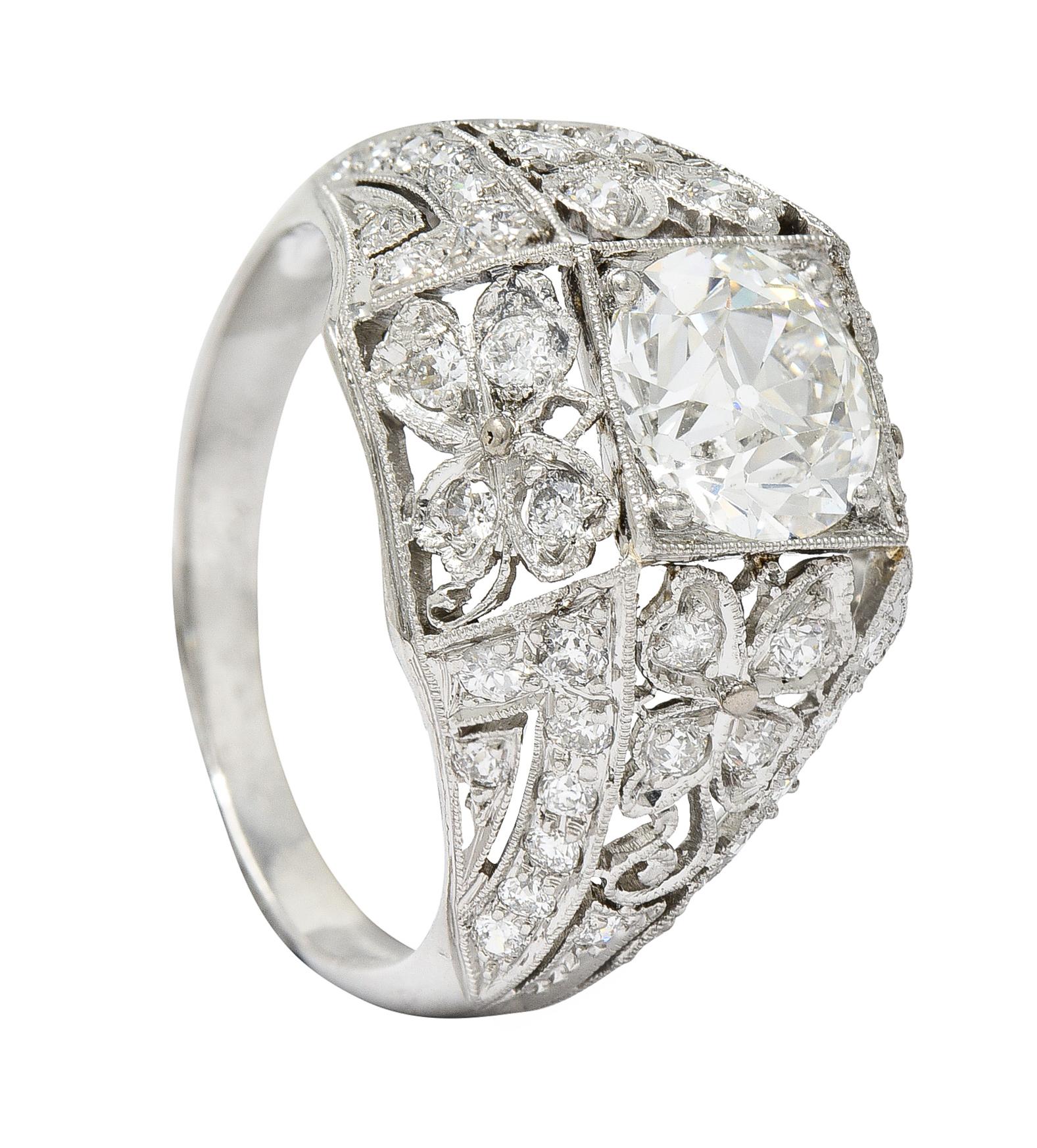 Antique Belle Epoque 2.13 Carats Diamond Platinum Clover Engagement Ring GIA For Sale 4