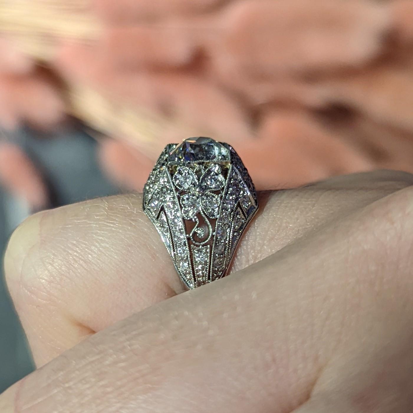Antique Belle Epoque 2.13 Carats Diamond Platinum Clover Engagement Ring GIA For Sale 7
