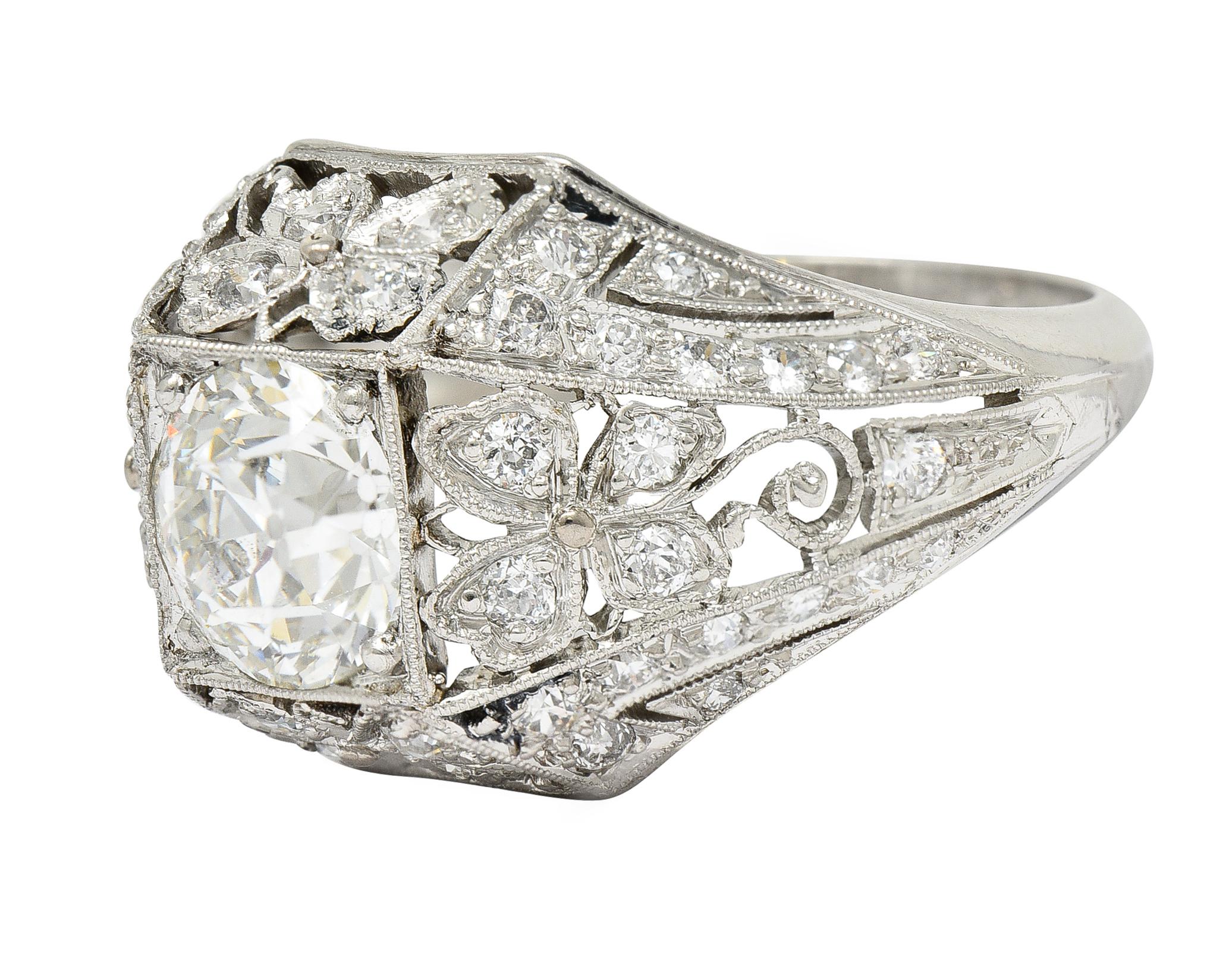 Old European Cut Antique Belle Epoque 2.13 Carats Diamond Platinum Clover Engagement Ring GIA For Sale