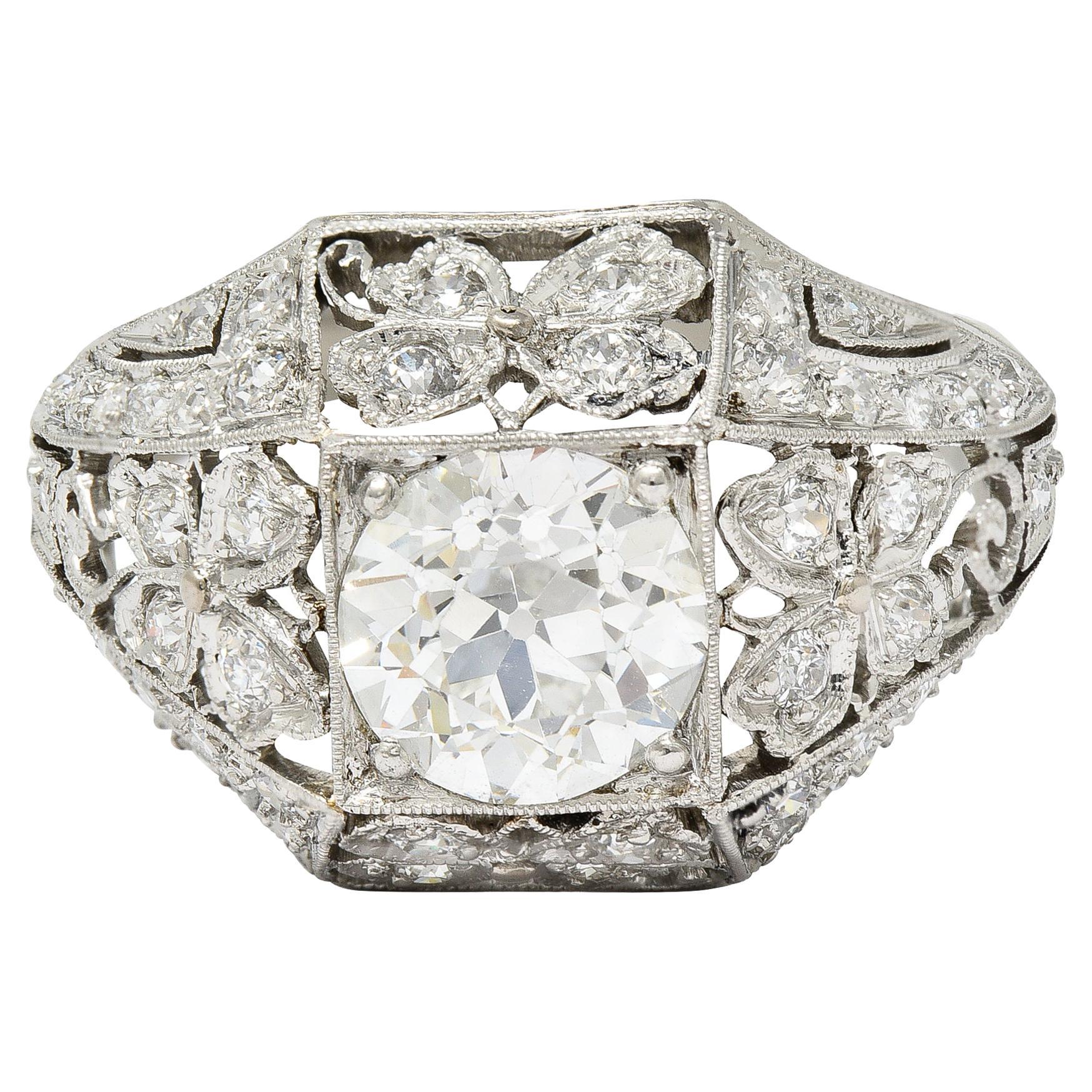 Antique Belle Epoque 2.13 Carats Diamond Platinum Clover Engagement Ring GIA For Sale