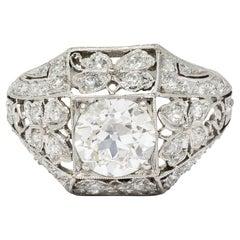 Antique Belle Epoque 2.13 Carats Diamond Platinum Clover Engagement Ring GIA