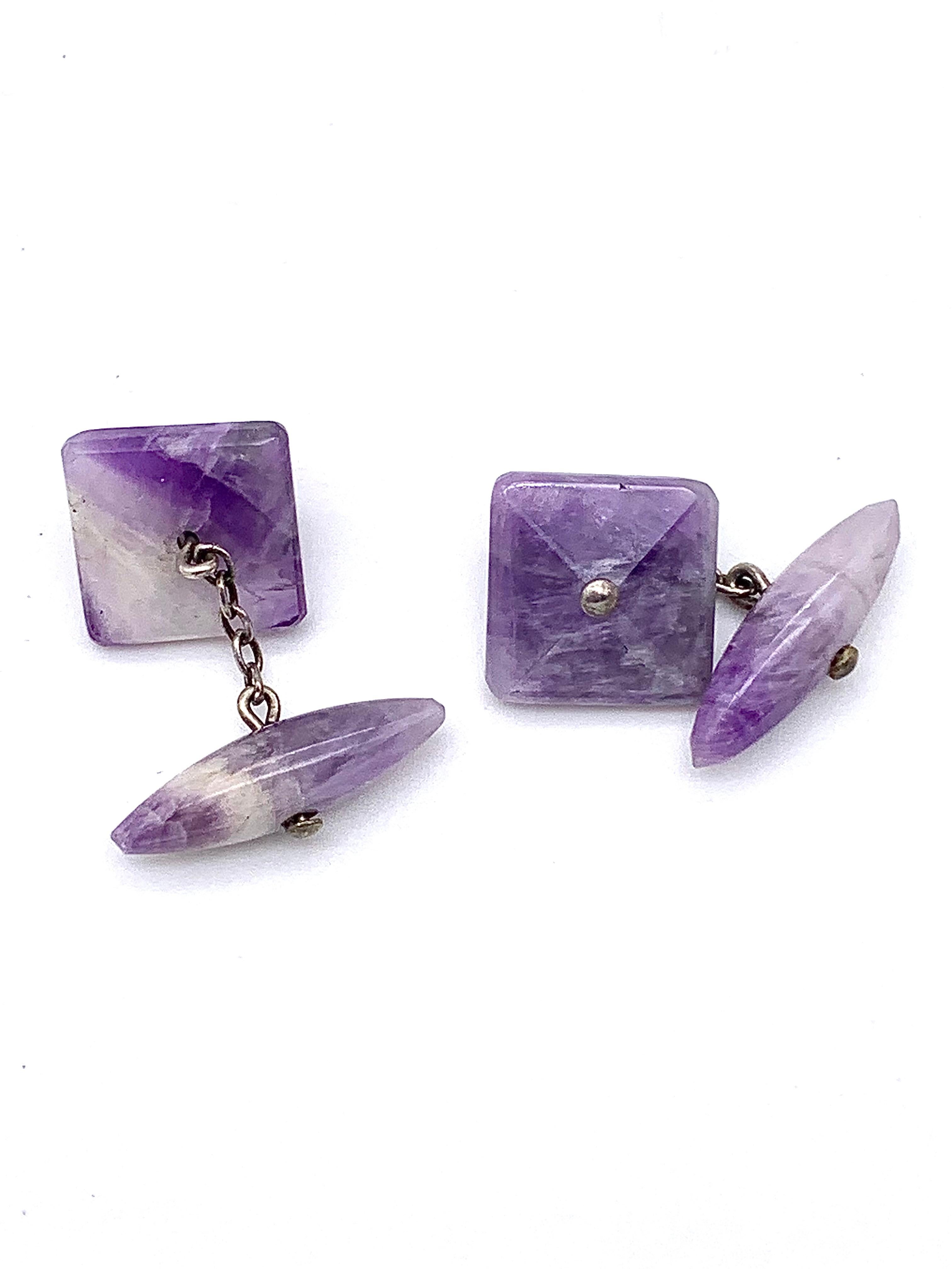 Antique Belle Époque Banded Fluorite Cufflinks Pyramid Torpedo Shape Silver In Good Condition For Sale In Munich, Bavaria