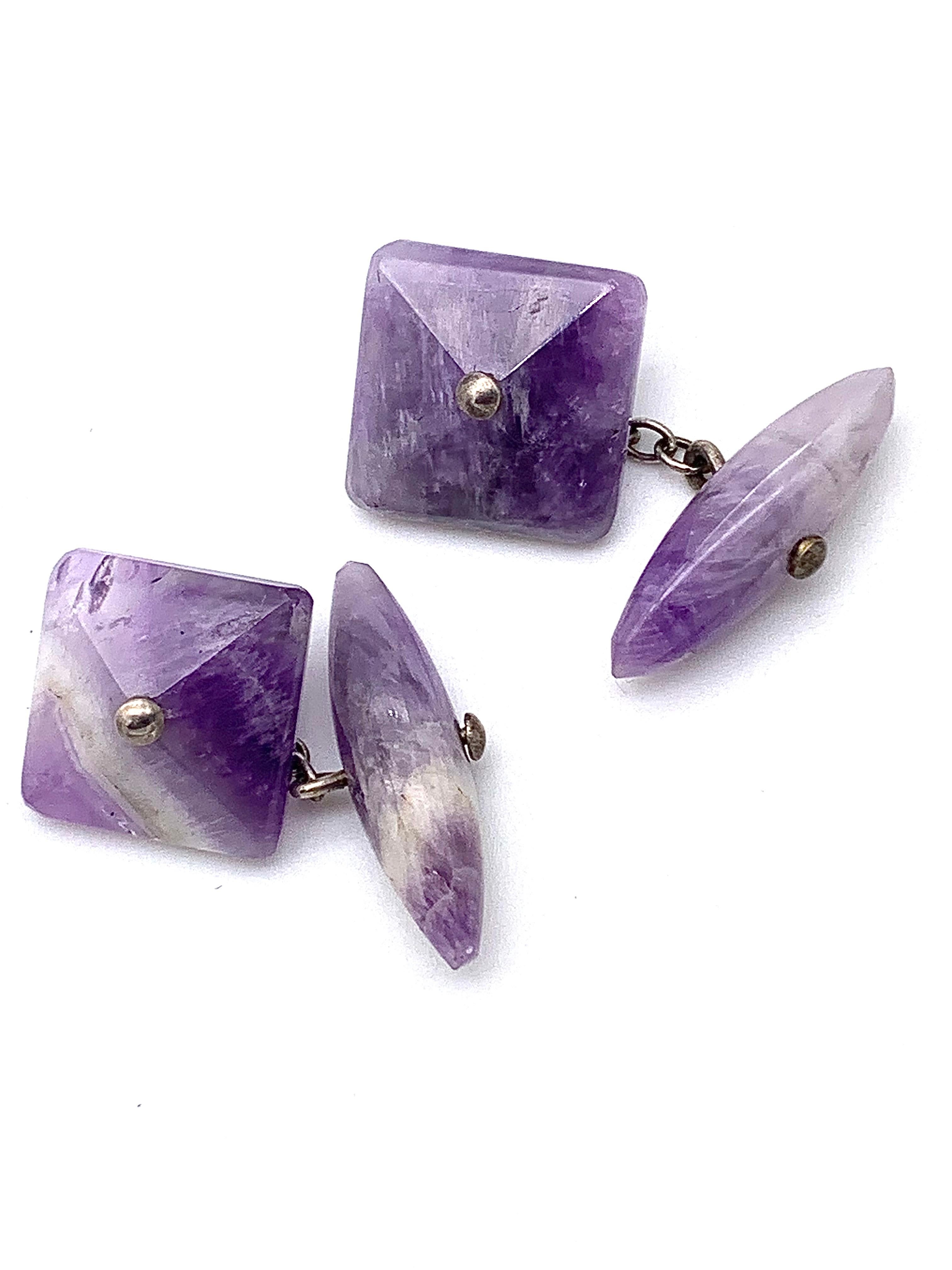 Women's or Men's Antique Belle Époque Banded Fluorite Cufflinks Pyramid Torpedo Shape Silver For Sale