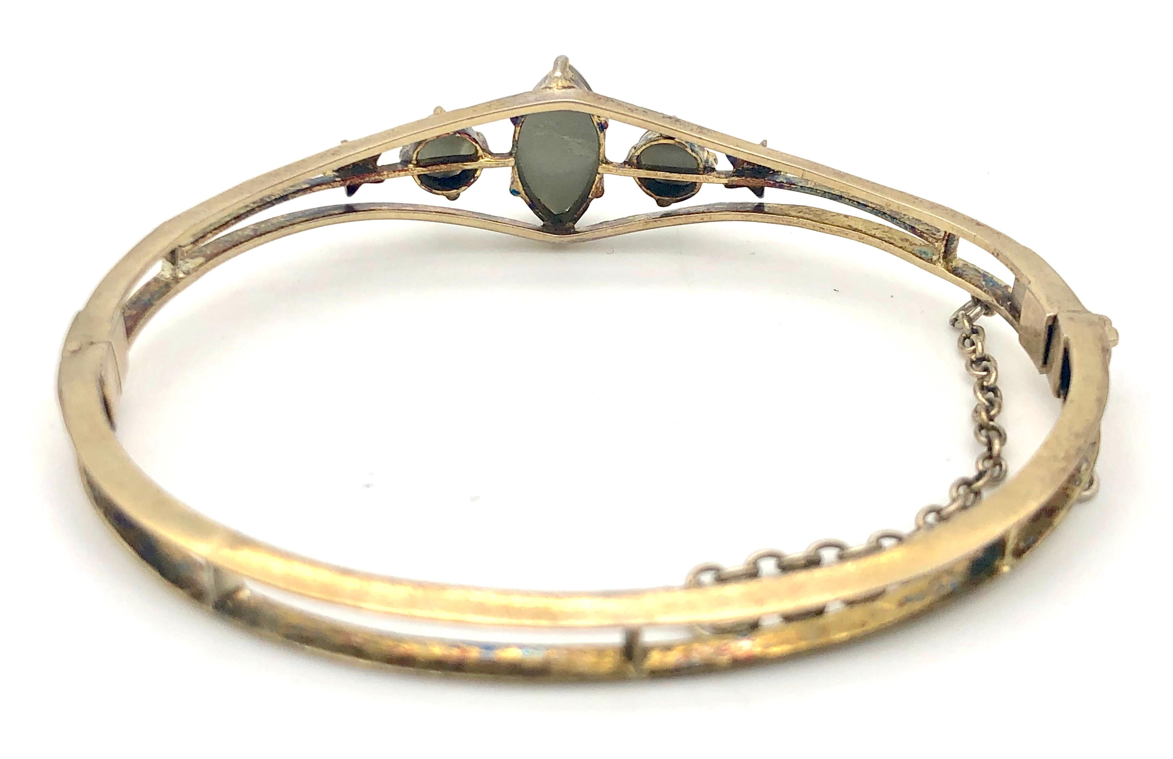 Cabochon Antique Belle Époque Bangle Crysoberyl Cats Eye Silver Gilt Natural Seed Pearl For Sale