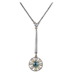 Antique Belle Époque Blue Zircon Pearl Pendant Necklace 15 Carat Gold circa 1910