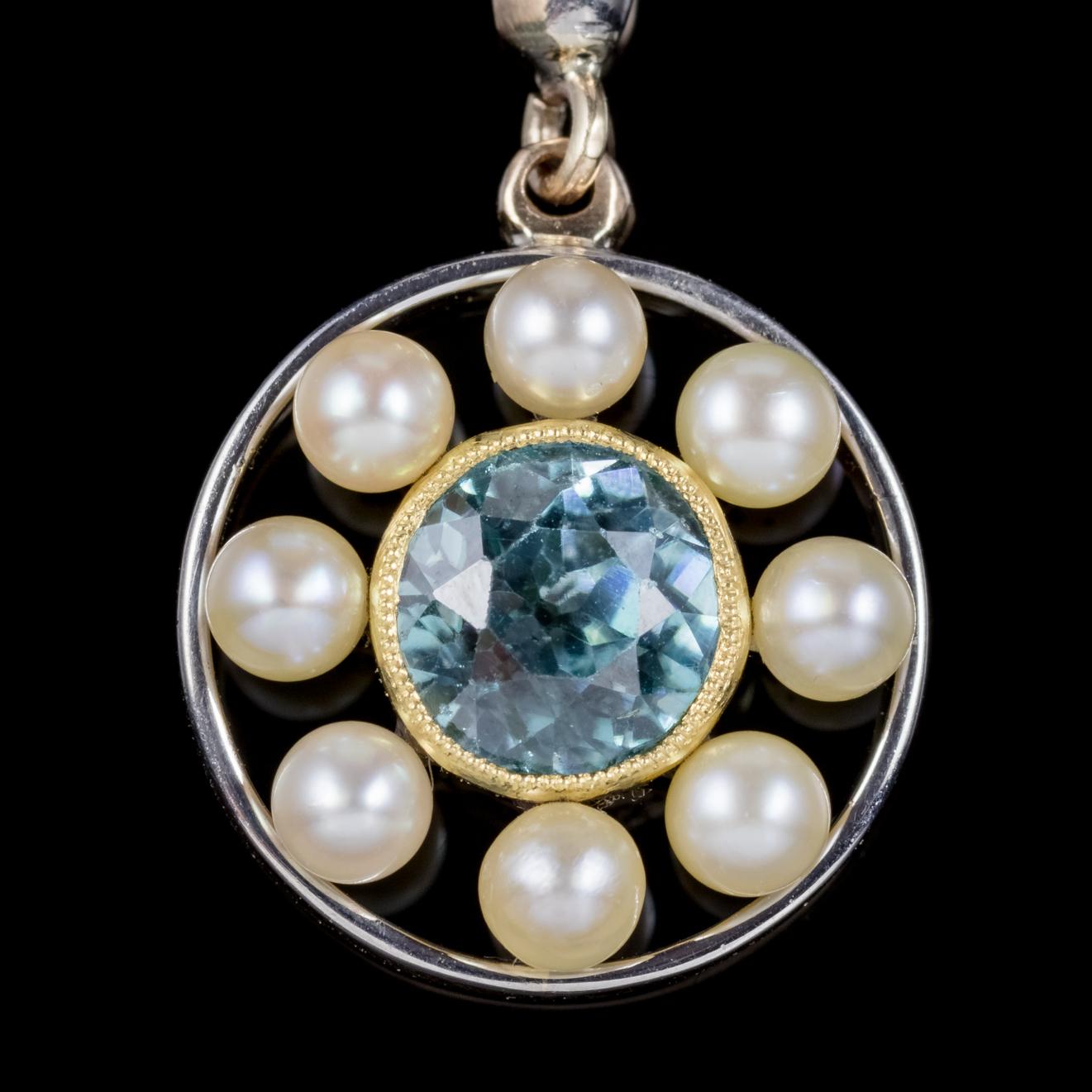 Antique Belle Époque Blue Zircon Pearl Pendant Necklace 15 Carat Gold circa 1910 In Good Condition In Lancaster, Lancashire