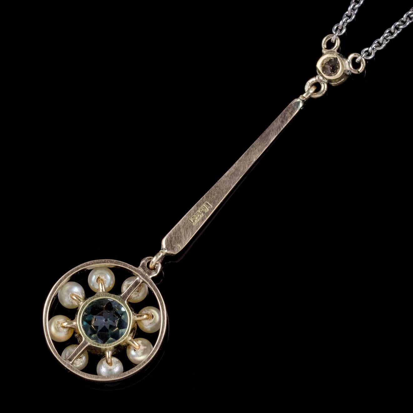 Women's Antique Belle Époque Blue Zircon Pearl Pendant Necklace 15 Carat Gold circa 1910